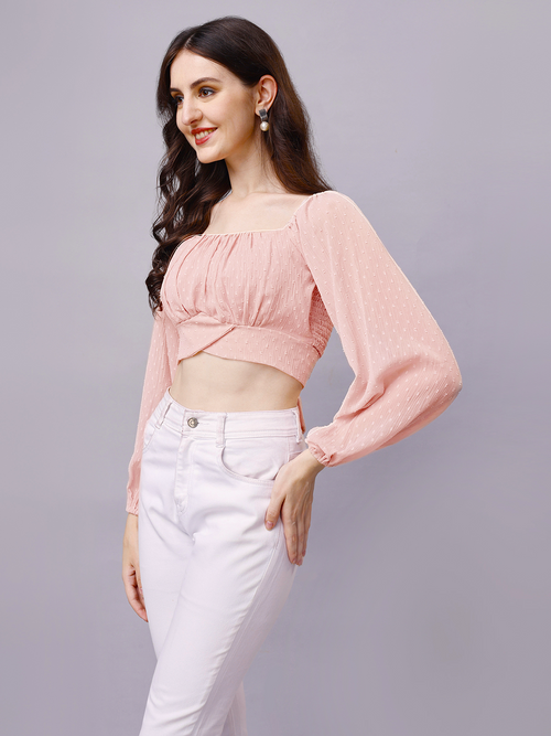 Beige Chiffon Crop Top with Bow Detail & Peasant Sleeve