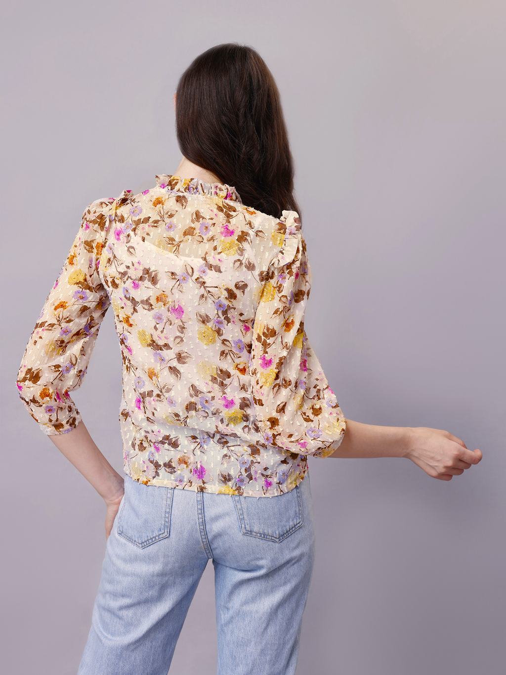 Off-White Floral Chiffon Dobby Ruffled Casual Shirt