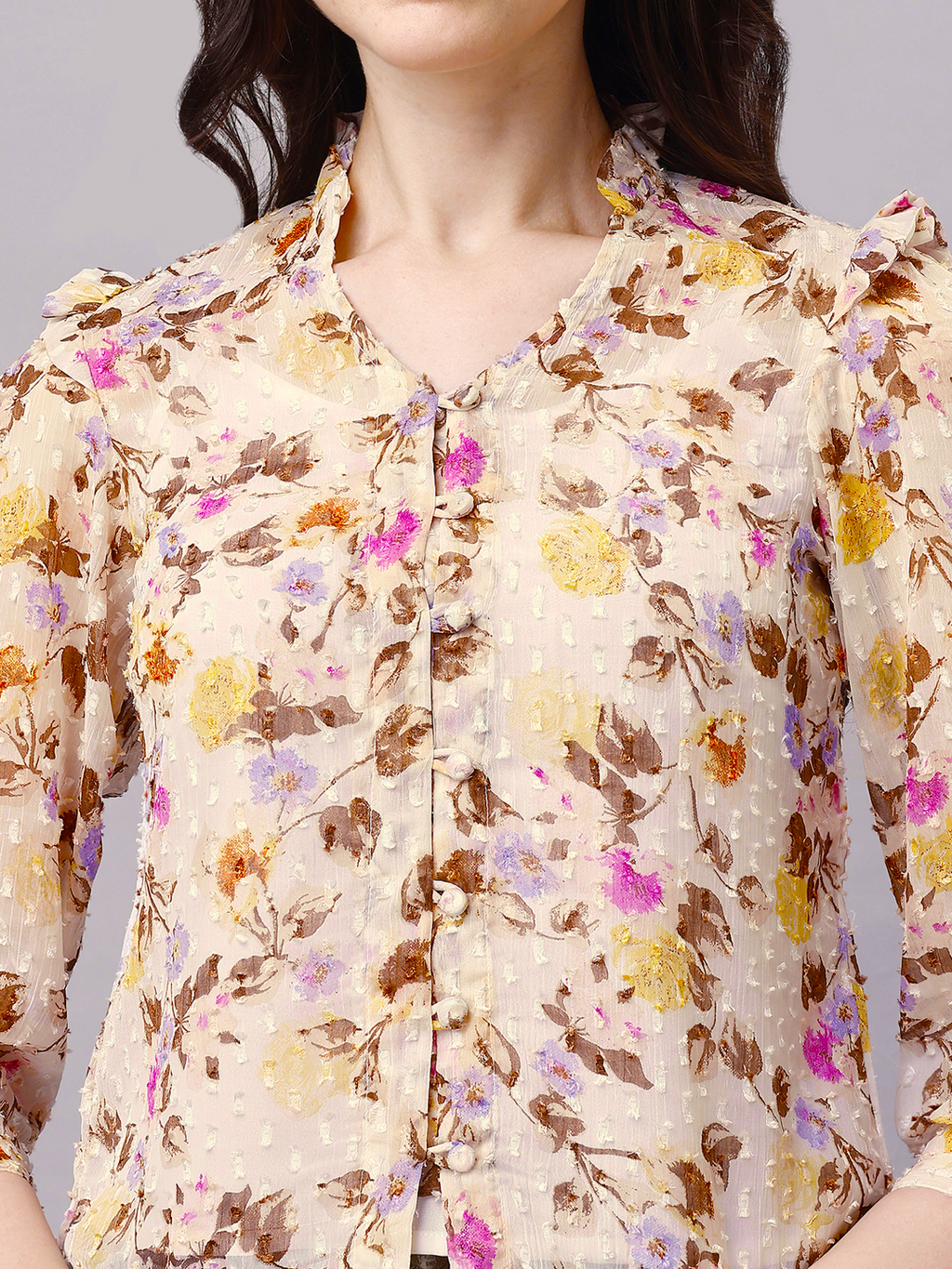 Off-White Floral Chiffon Dobby Ruffled Casual Shirt