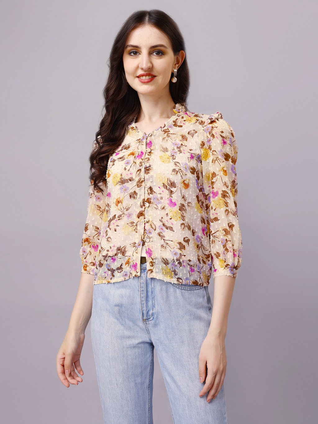 Off-White Floral Chiffon Dobby Ruffled Casual Shirt
