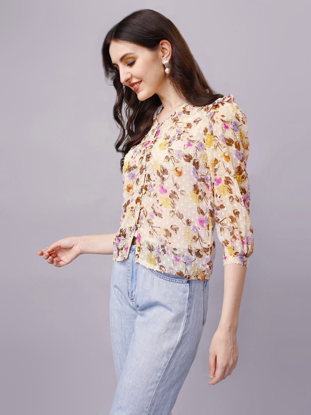 Off-White Floral Chiffon Dobby Ruffled Casual Shirt