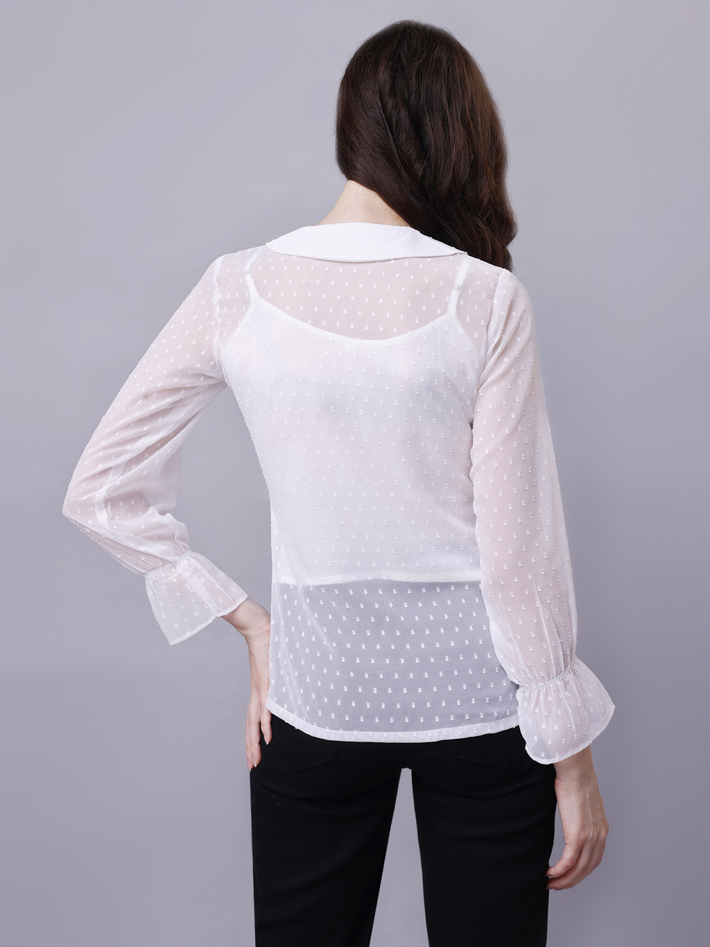 White Peter Pan Collar Elegant Formal Shirt in Chiffon Dobby