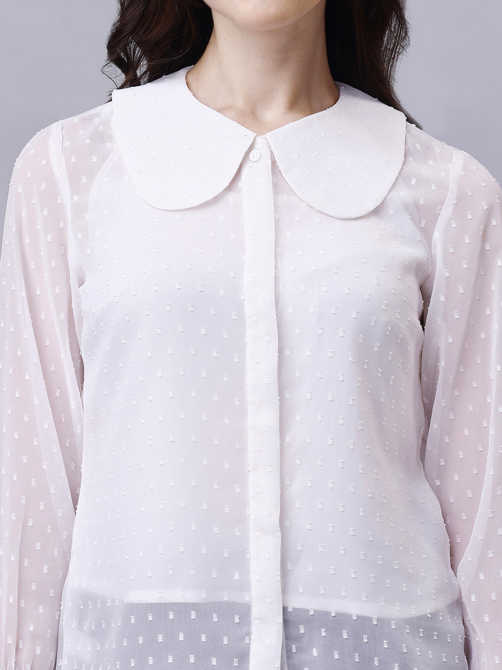 White Peter Pan Collar Elegant Formal Shirt in Chiffon Dobby