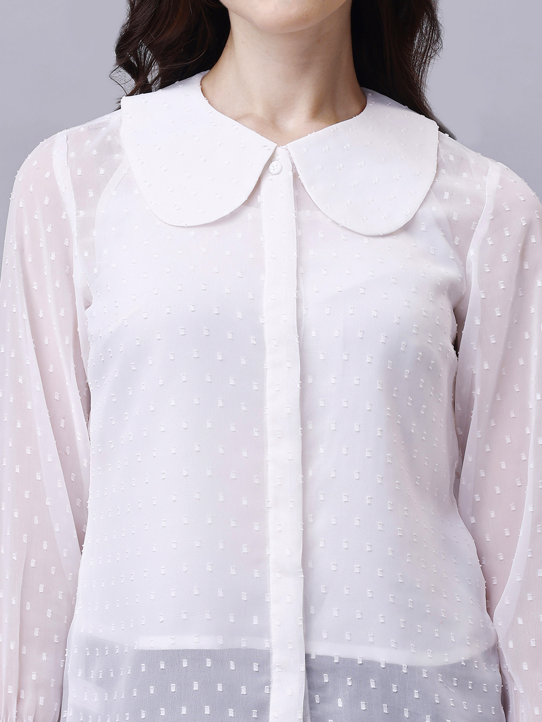 White Peter Pan Collar Elegant Formal Shirt in Chiffon Dobby