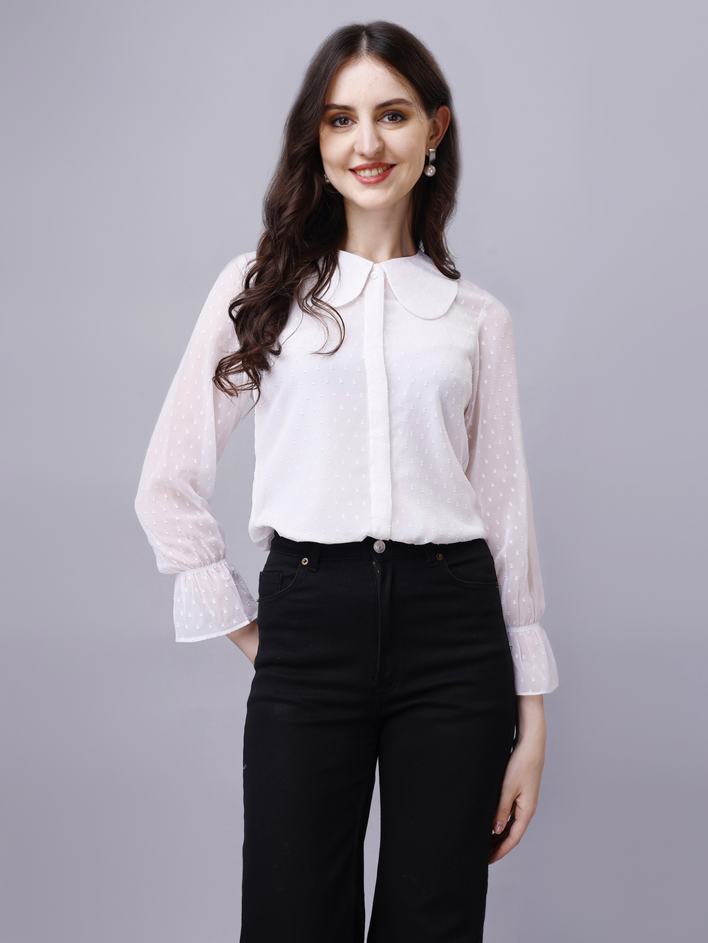 White Peter Pan Collar Elegant Formal Shirt in Chiffon Dobby