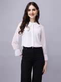 White Peter Pan Collar Elegant Formal Shirt in Chiffon Dobby