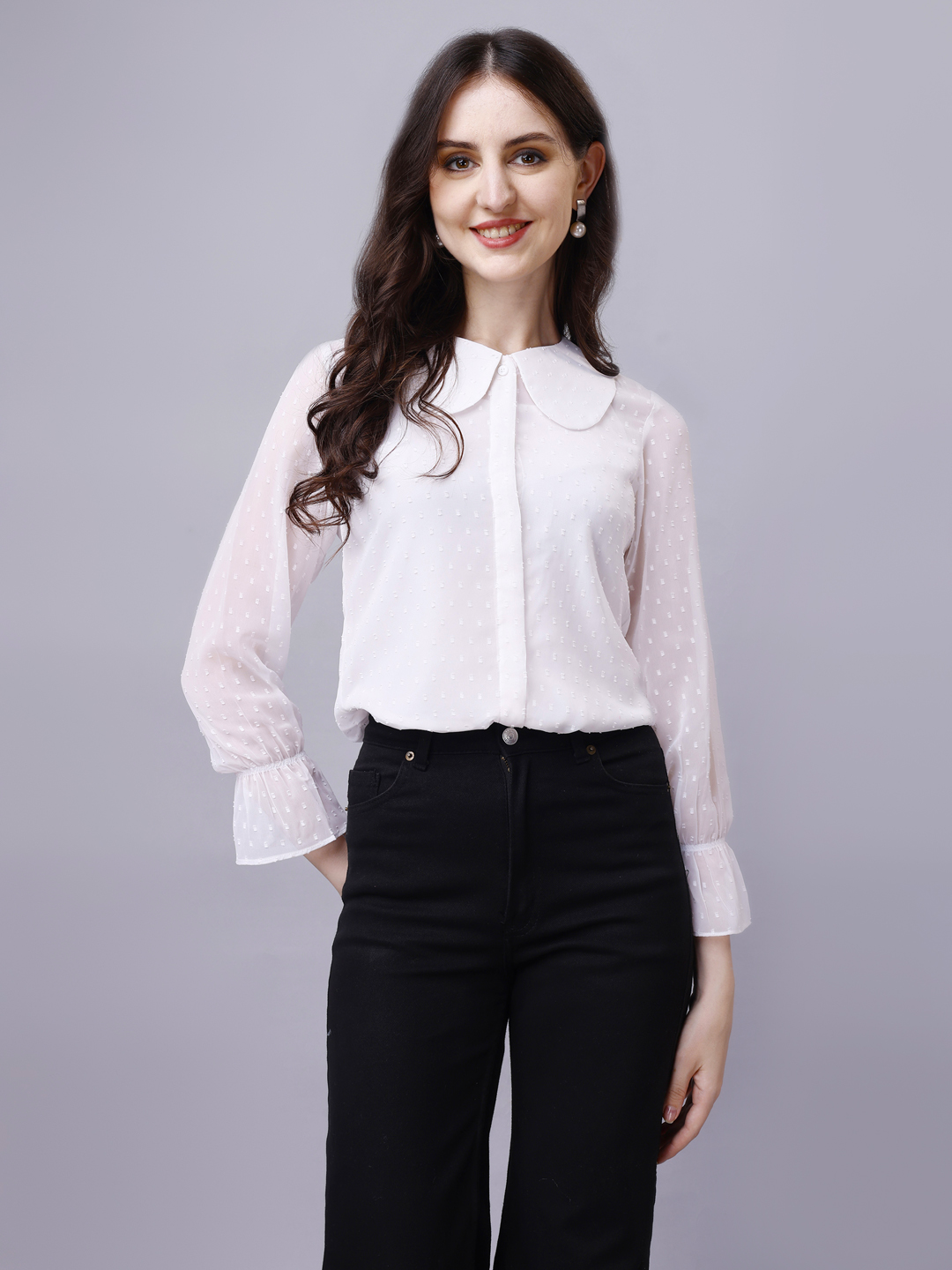 White Peter Pan Collar Elegant Formal Shirt in Chiffon Dobby
