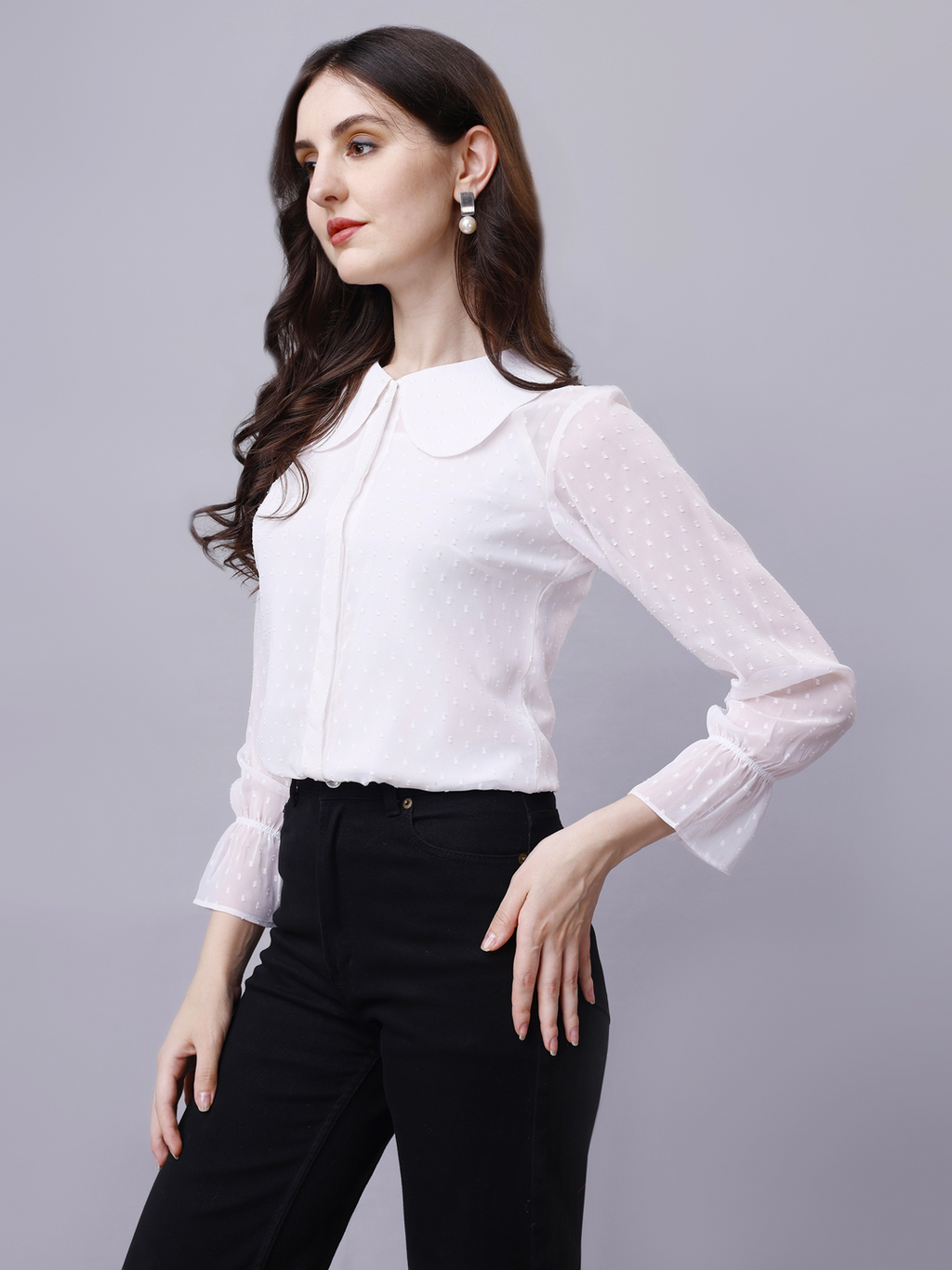 White Peter Pan Collar Elegant Formal Shirt in Chiffon Dobby