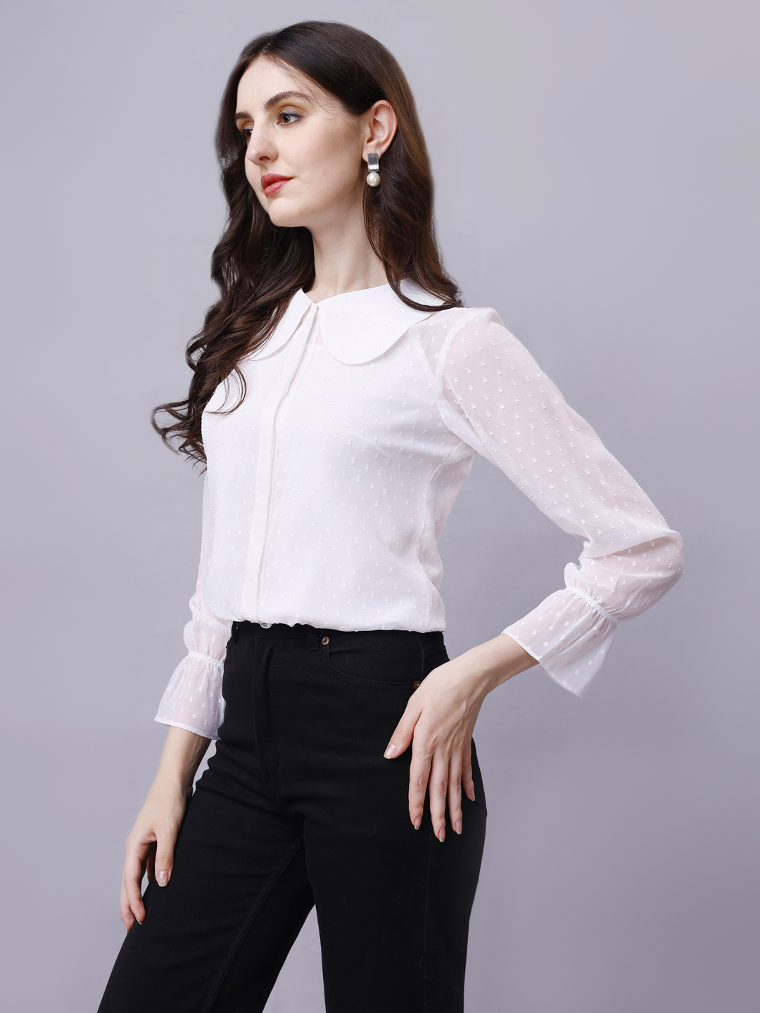 White Peter Pan Collar Elegant Formal Shirt in Chiffon Dobby