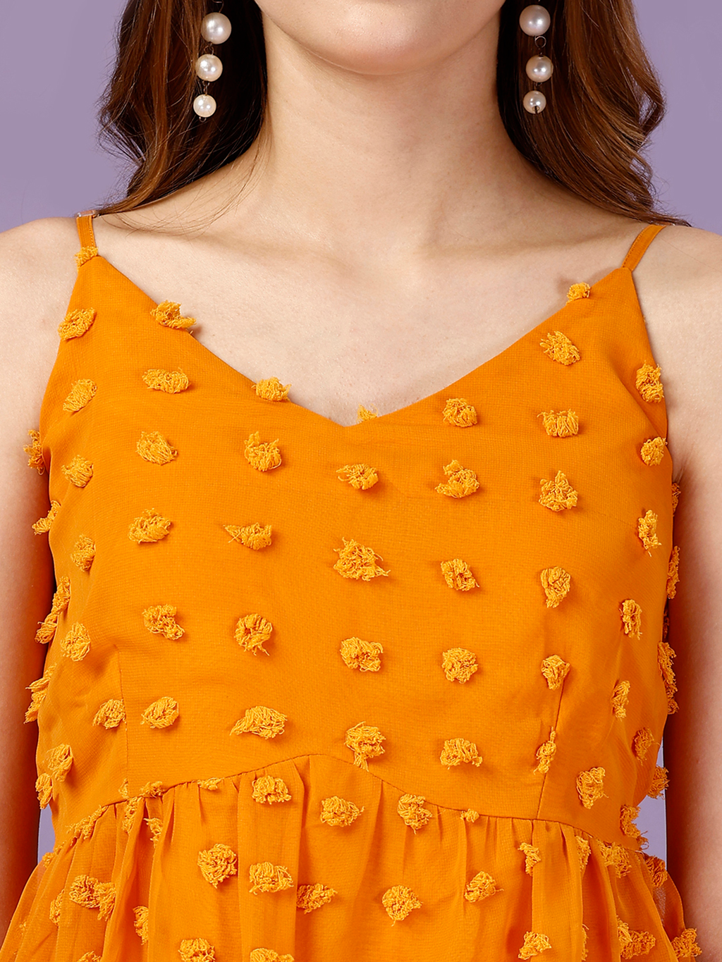 Summer Yellow Pom Pom Spaghetti Top in Georgette