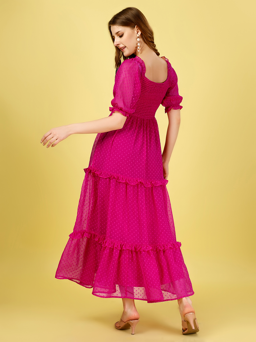 Pink Chiffon Dobby Smocked 3-Tier Maxi Dress with Pockets