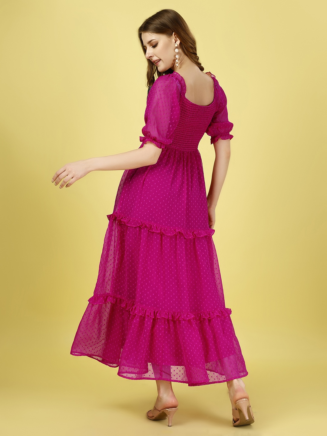 Pink Chiffon Dobby Smocked 3-Tier Maxi Dress with Pockets
