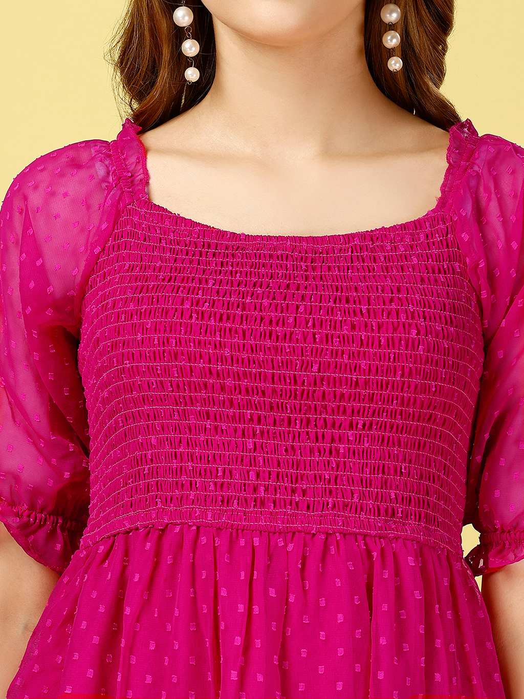 Pink Chiffon Dobby Smocked 3-Tier Maxi Dress with Pockets