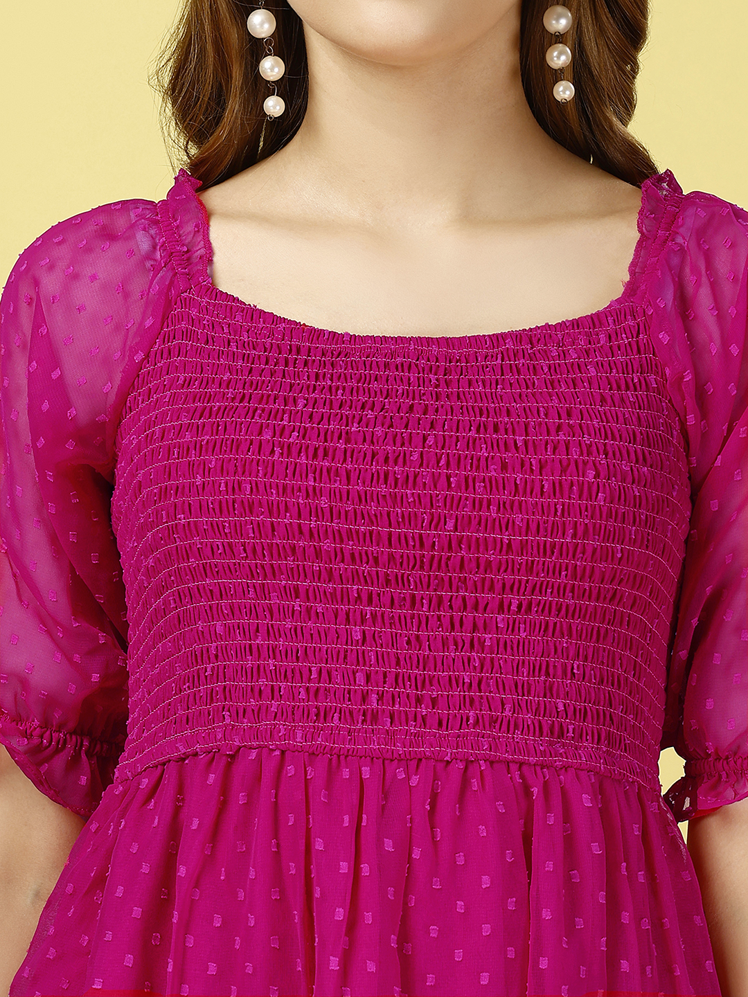 Pink Chiffon Dobby Smocked 3-Tier Maxi Dress with Pockets