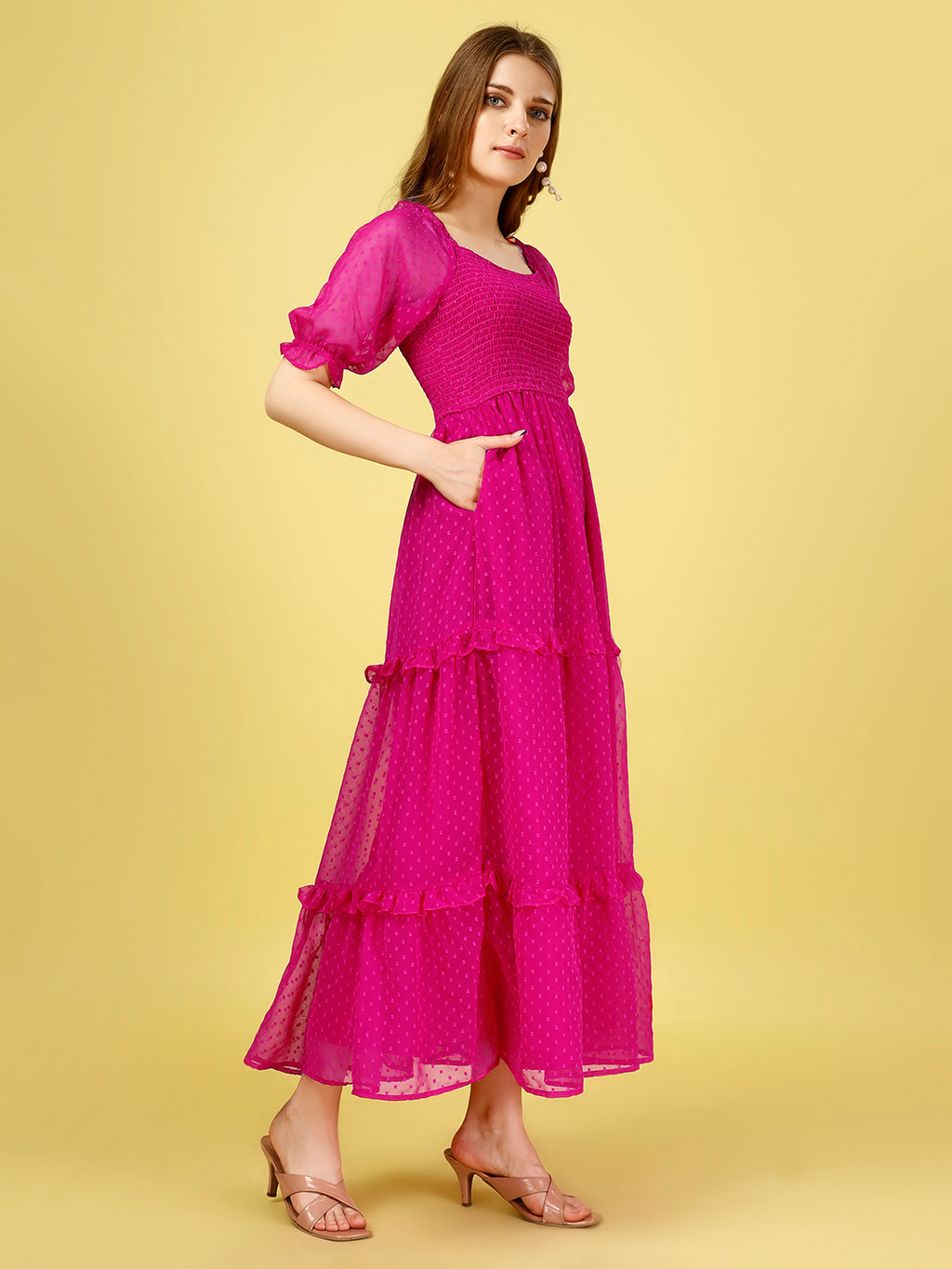 Pink Chiffon Dobby Smocked 3-Tier Maxi Dress with Pockets
