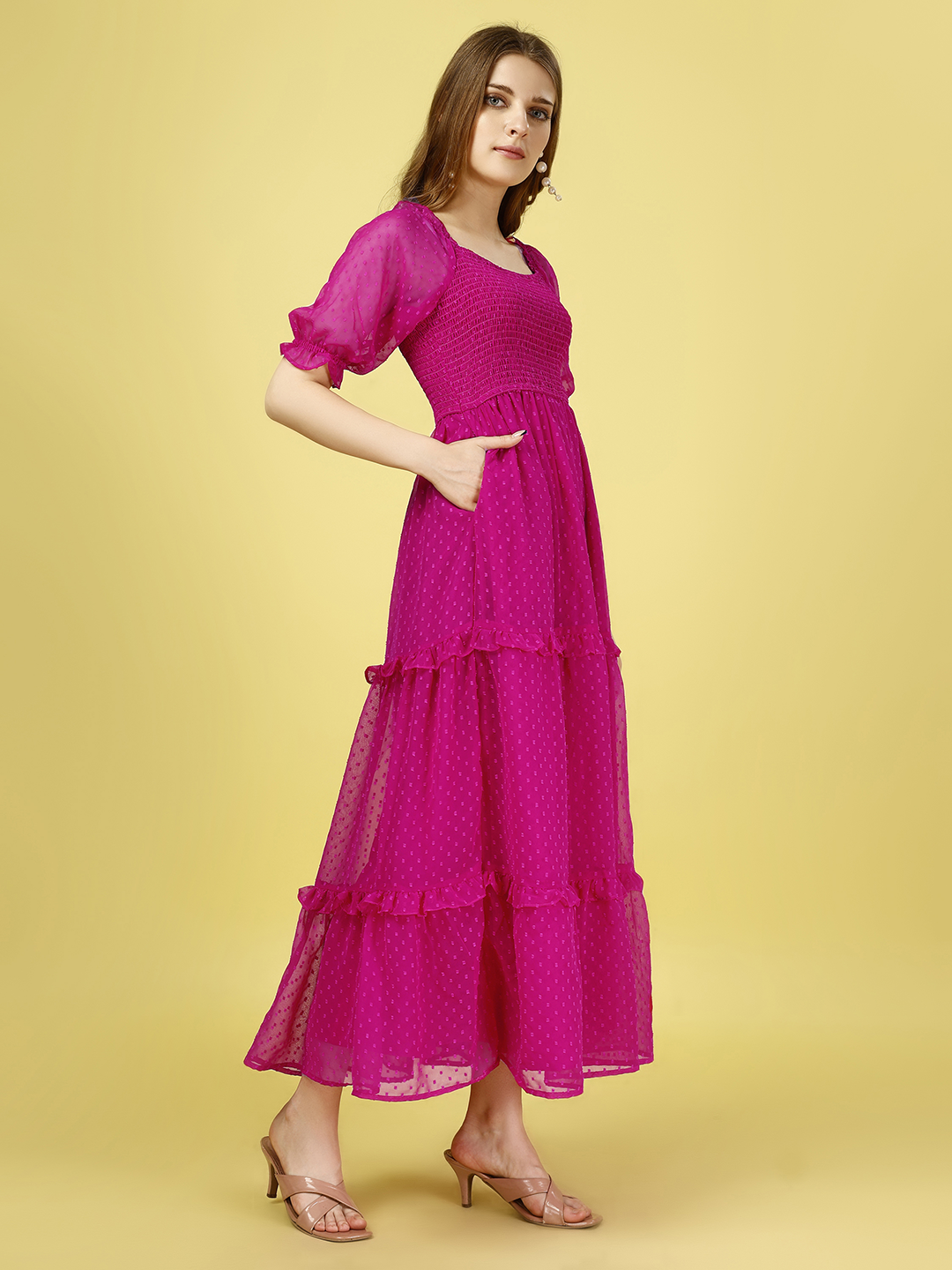 Pink Chiffon Dobby Smocked 3-Tier Maxi Dress with Pockets