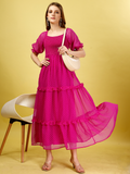 Pink Chiffon Dobby Smocked 3-Tier Maxi Dress with Pockets