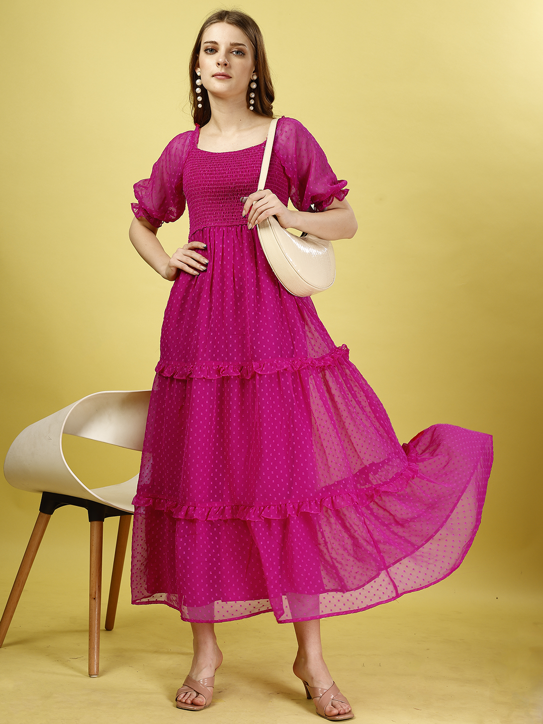 Pink Chiffon Dobby Smocked 3-Tier Maxi Dress with Pockets
