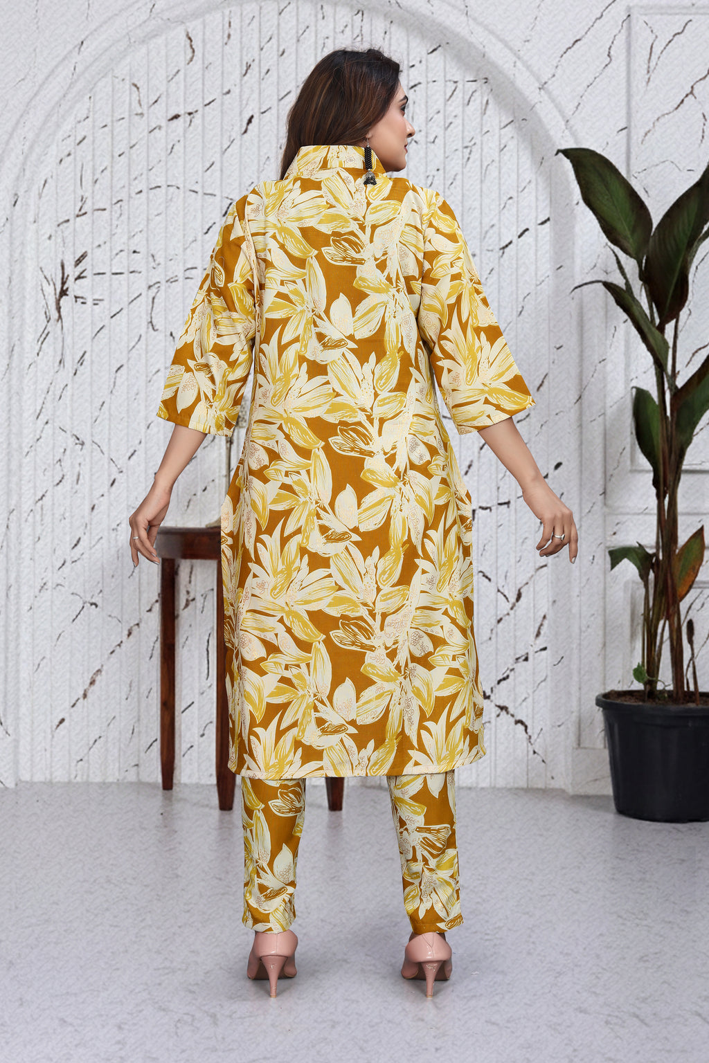 Mustard Yellow Floral Co-Ord Kurti Set
