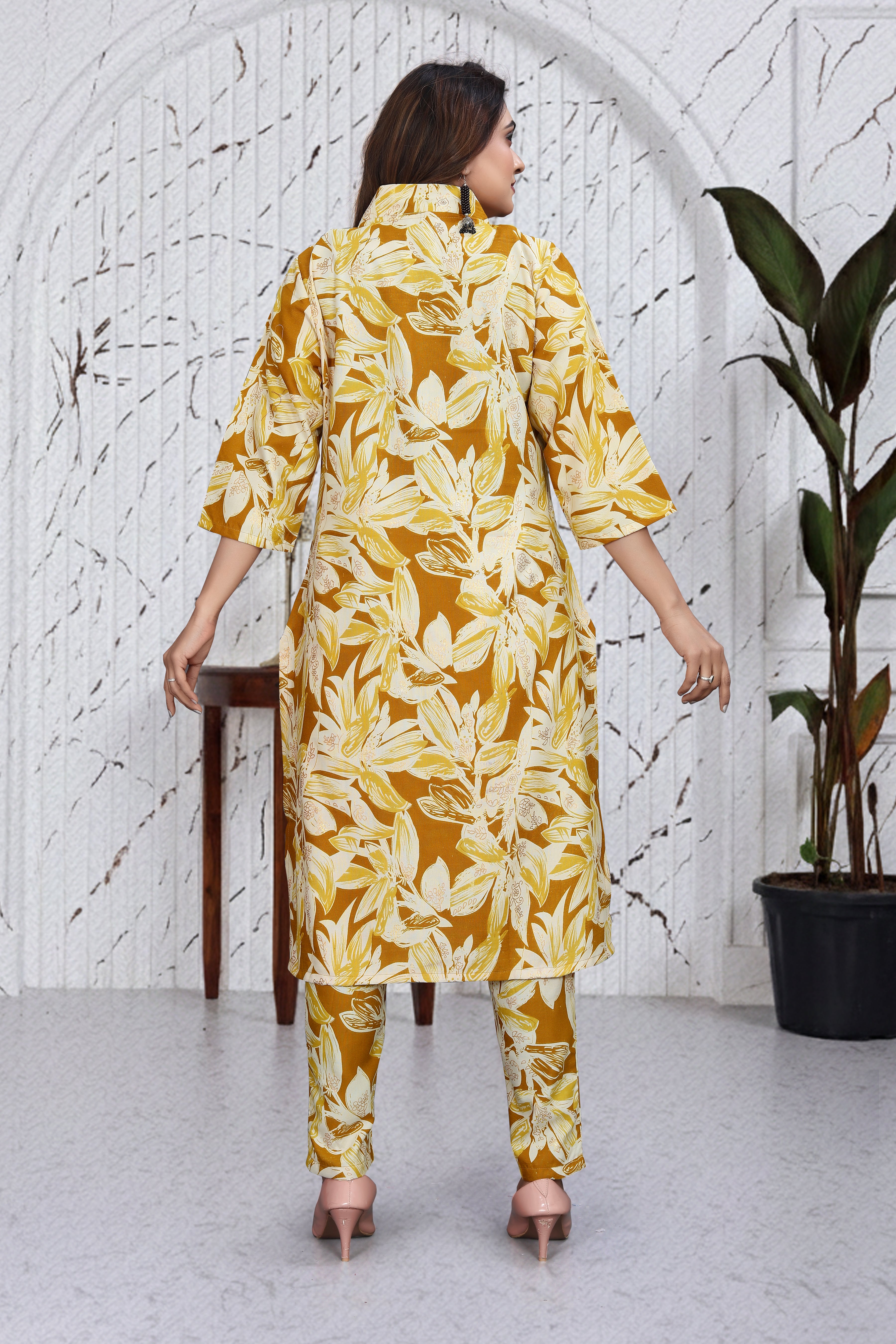 Mustard Yellow Floral Co-Ord Kurti Set