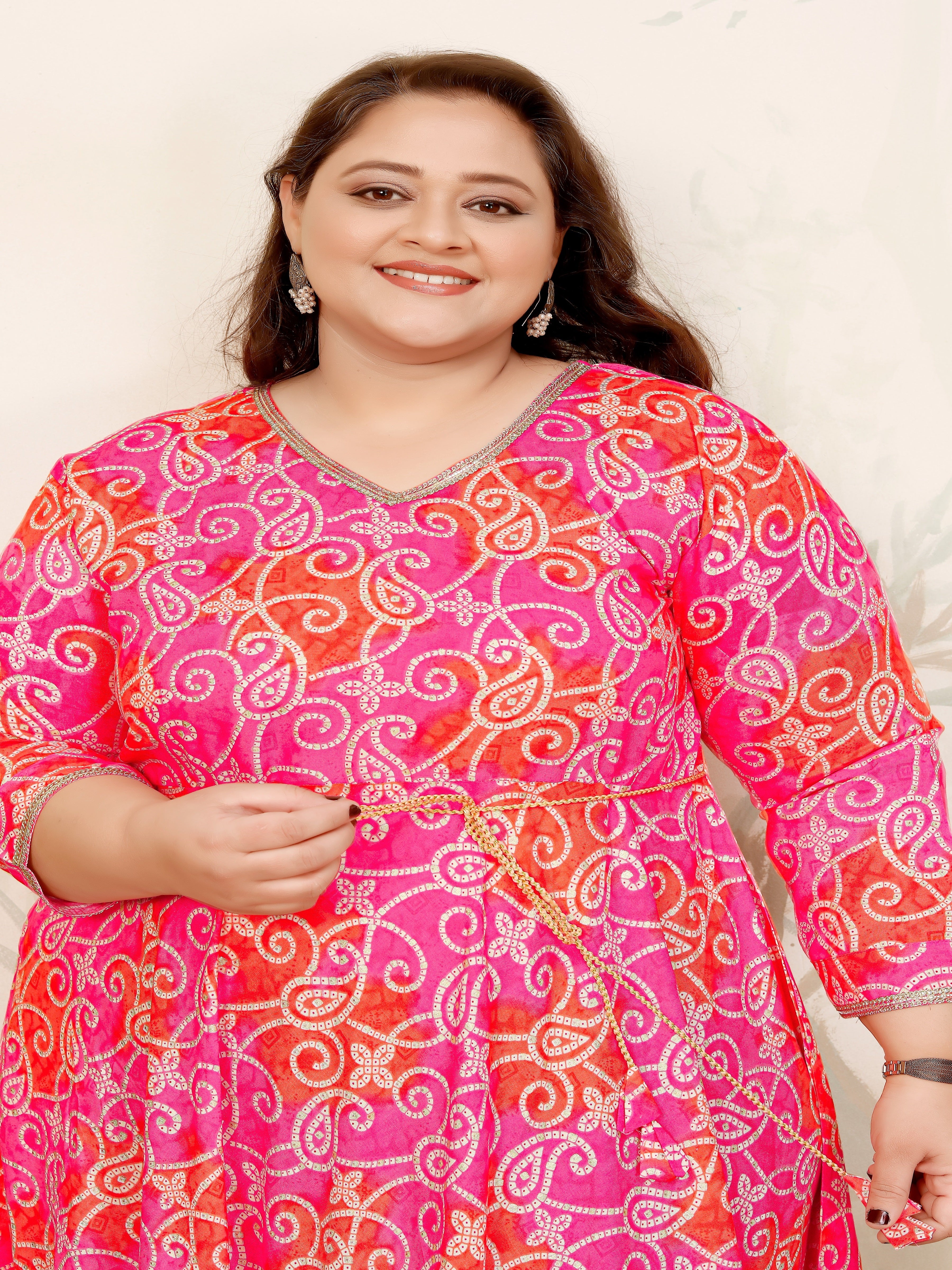 Plus Size Orange & Pink Bandhani Print Gown – Ethnic Flare for Women