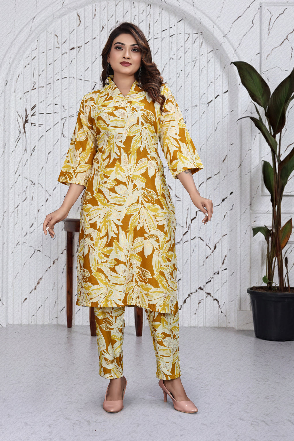 Mustard Yellow Floral Co-Ord Kurti Set