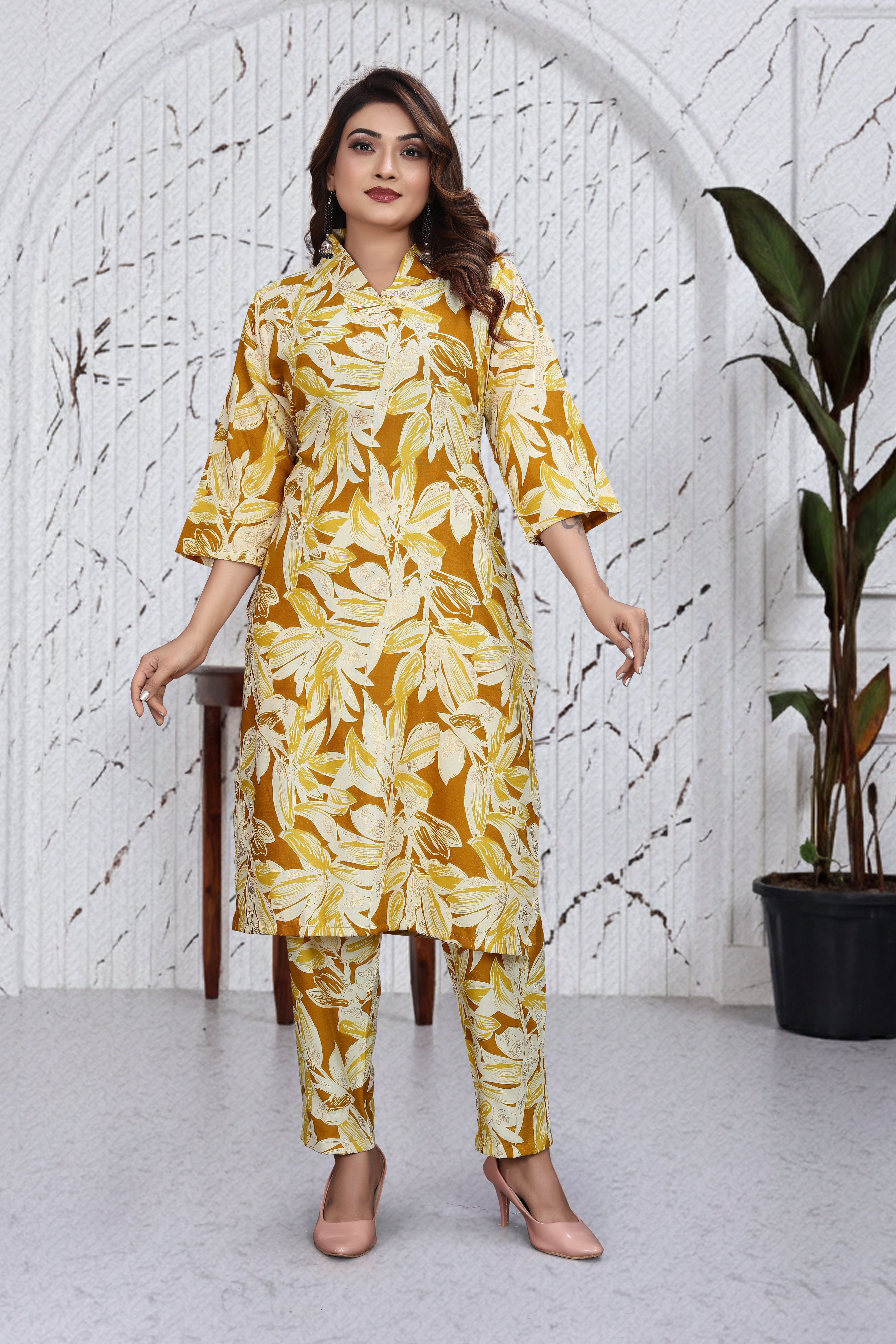Mustard Yellow Floral Co-Ord Kurti Set