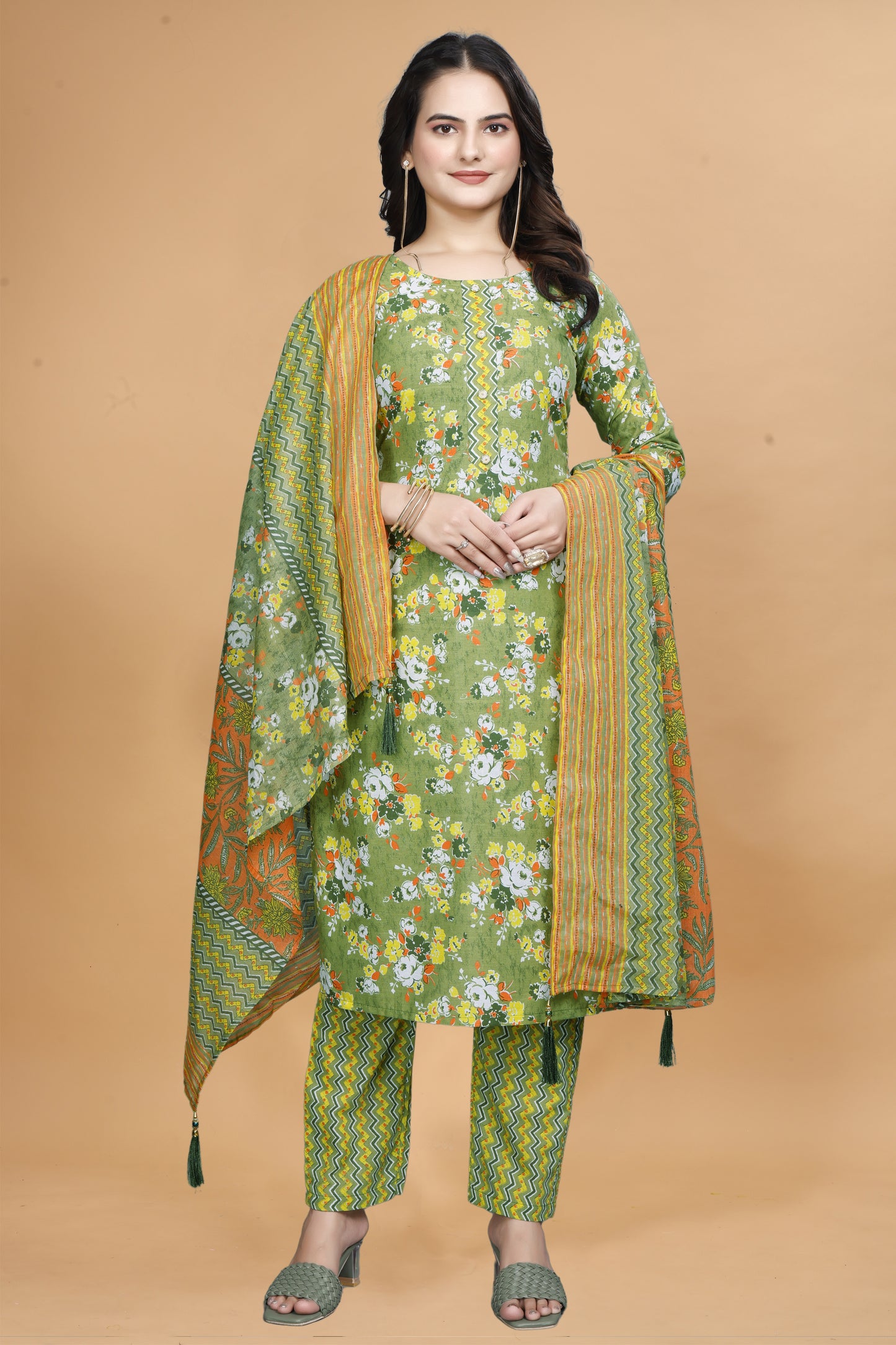 Green Cotton Kurta Pant Set with Floral Print & Dupatta