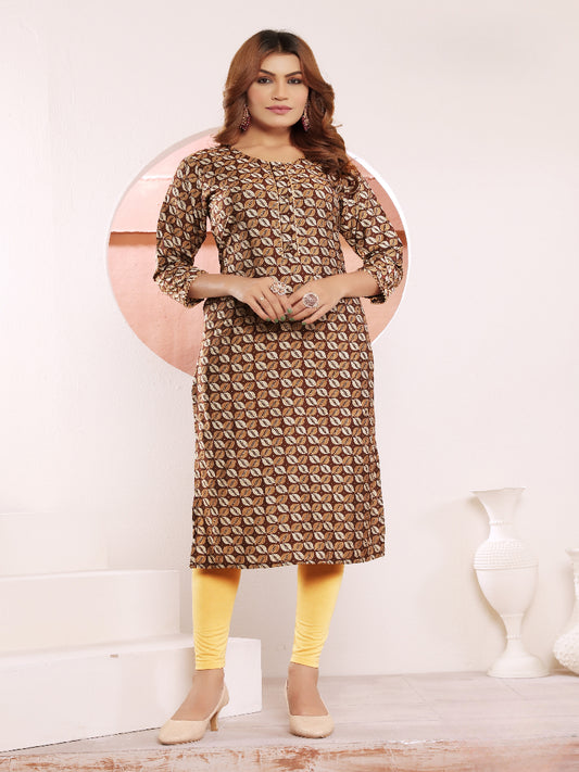 Brown Printed Muslin Kurti for Women – Casual & Daily Wear