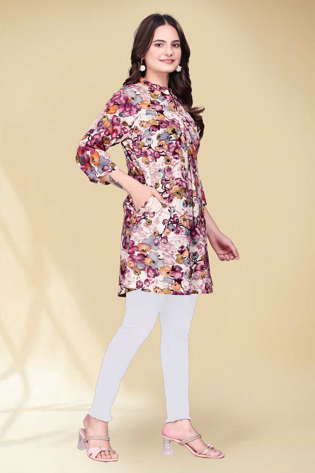 Kinjal Pink Floral Printed Poly Rayon Top | Stylish Casual Kurti Top for Daily Wear