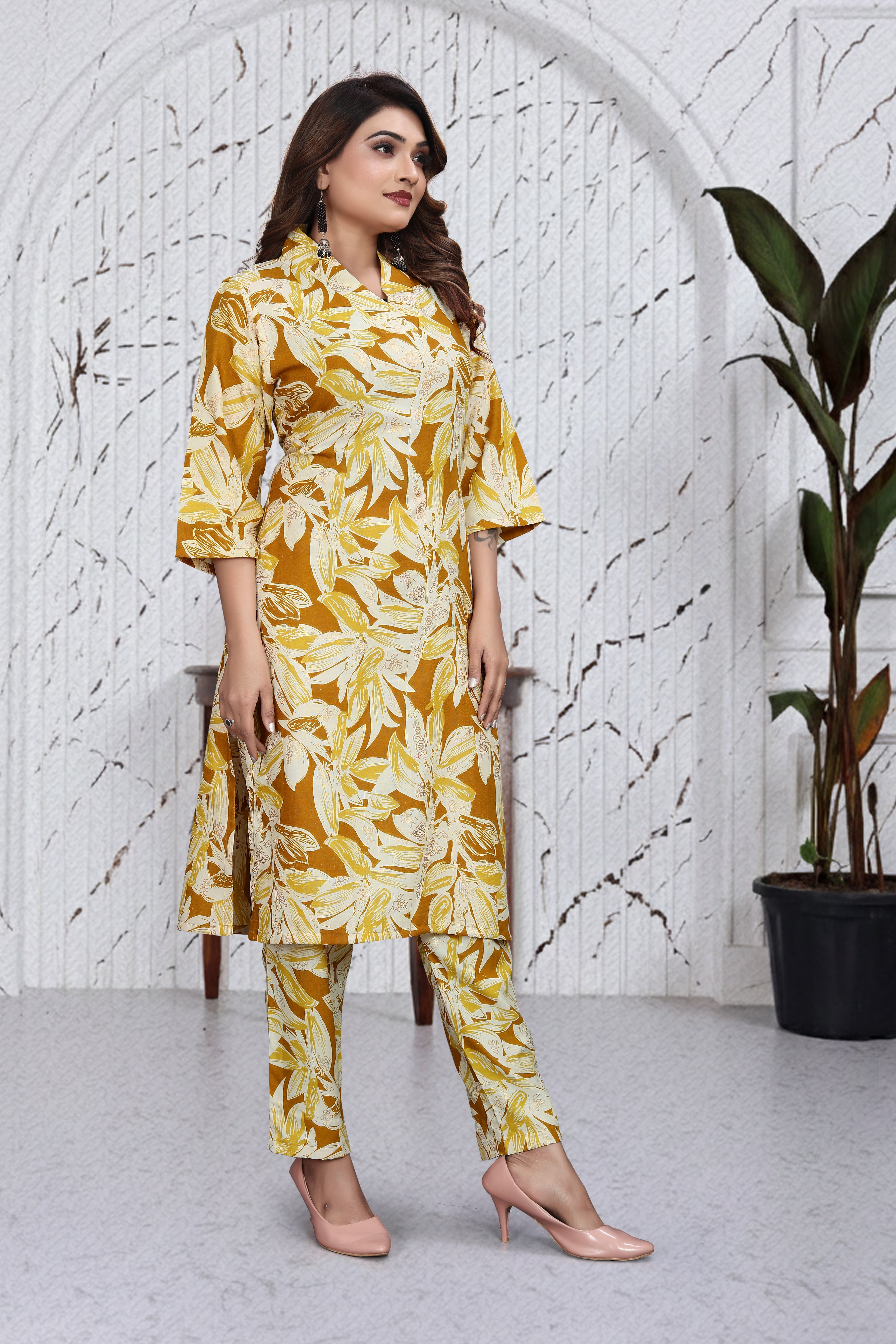 Mustard Yellow Floral Co-Ord Kurti Set