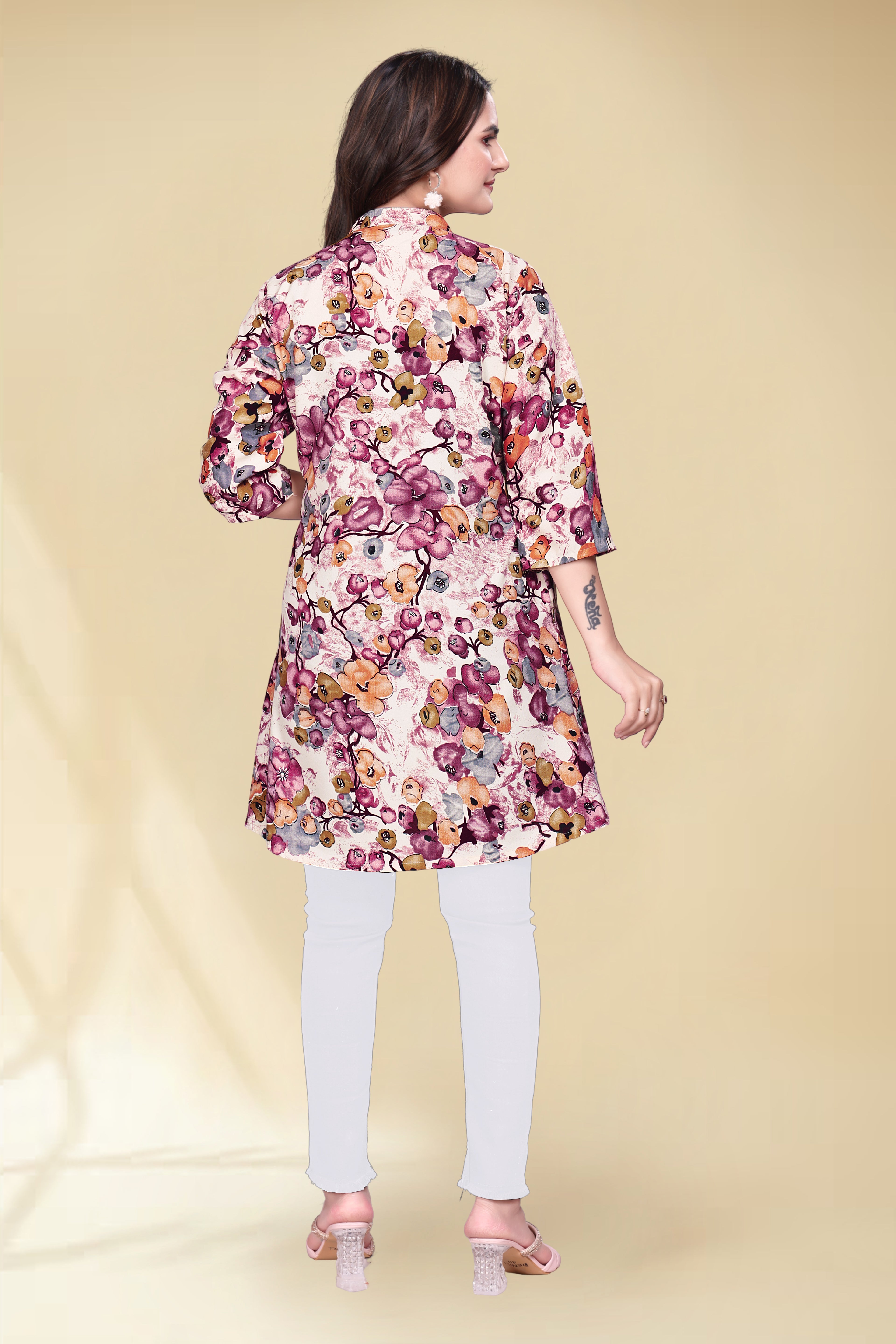 Kinjal Pink Floral Printed Poly Rayon Top | Stylish Casual Kurti Top for Daily Wear