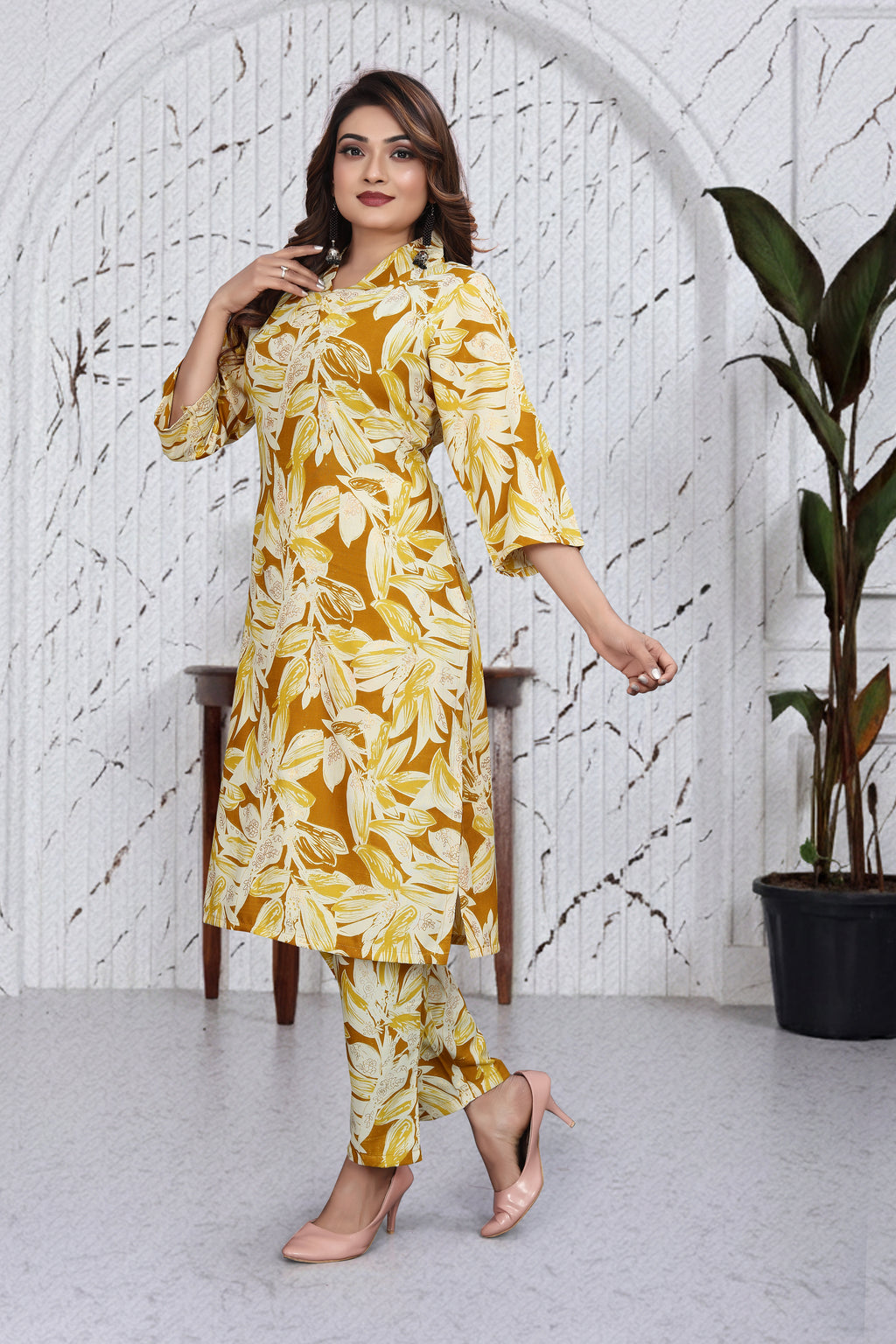Mustard Yellow Floral Co-Ord Kurti Set