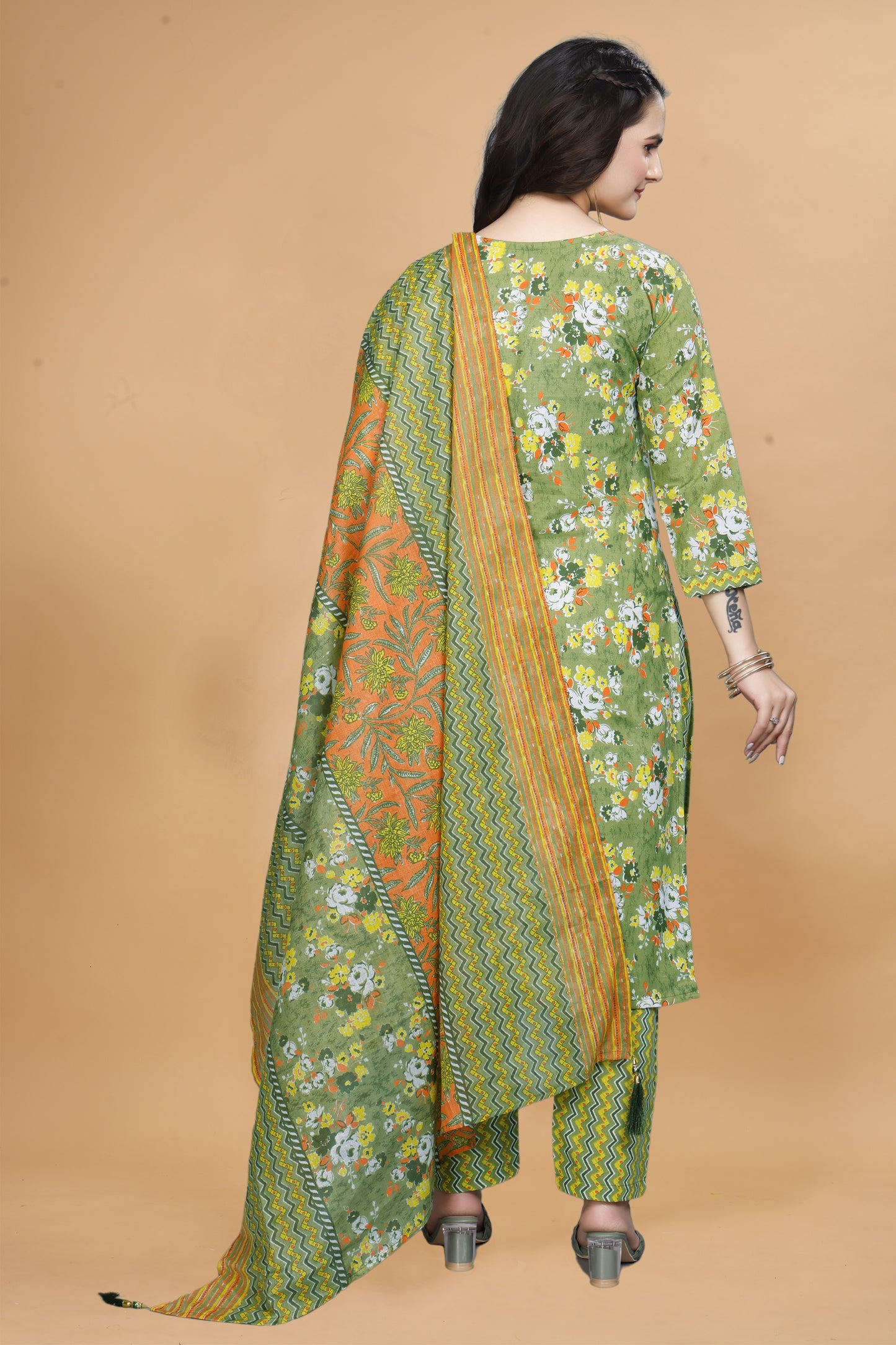 Green Cotton Kurta Pant Set with Floral Print & Dupatta