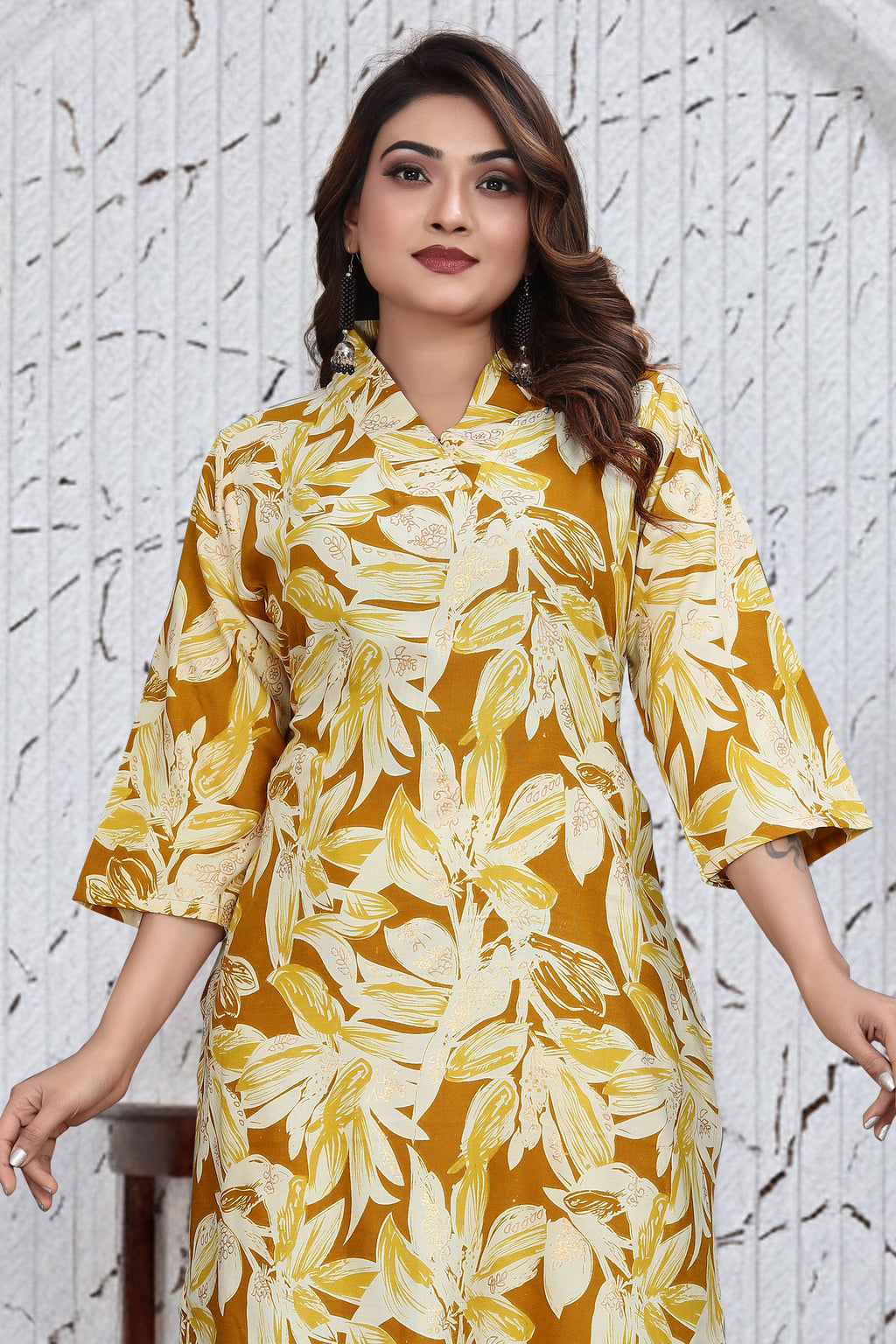 Mustard Yellow Floral Co-Ord Kurti Set