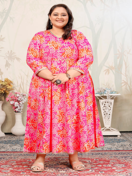 Plus Size Orange & Pink Bandhani Print Gown – Ethnic Flare for Women