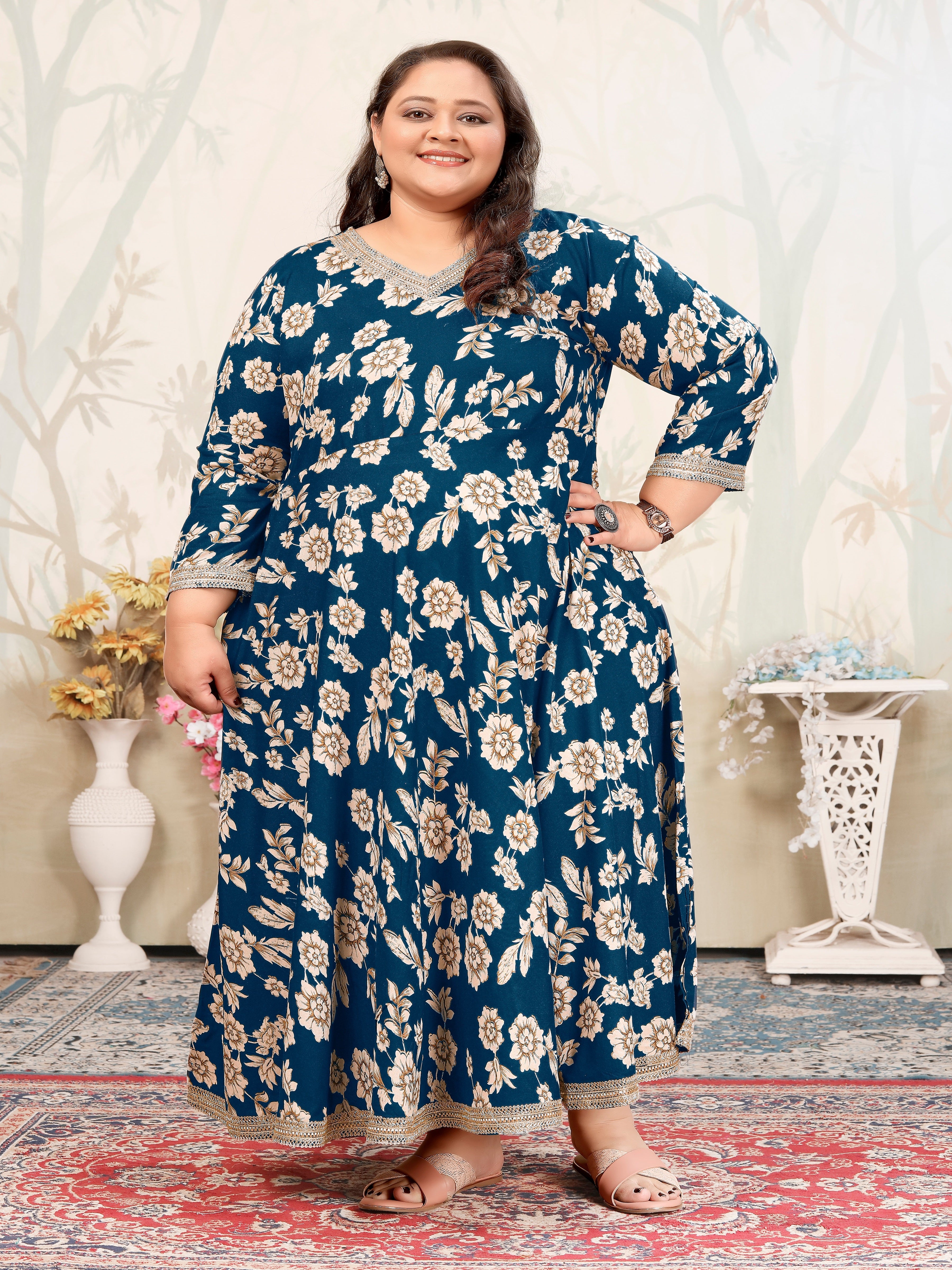 Plus Size Cyan Bue Floral Maxi Gown – Elegant Long Dress for Women