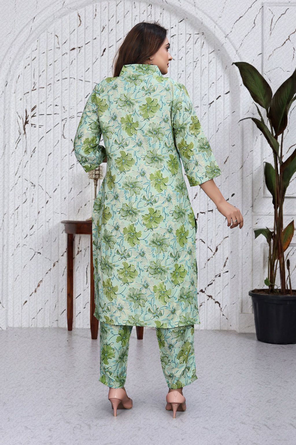 Mint Green Floral Co-Ord Kurti Set