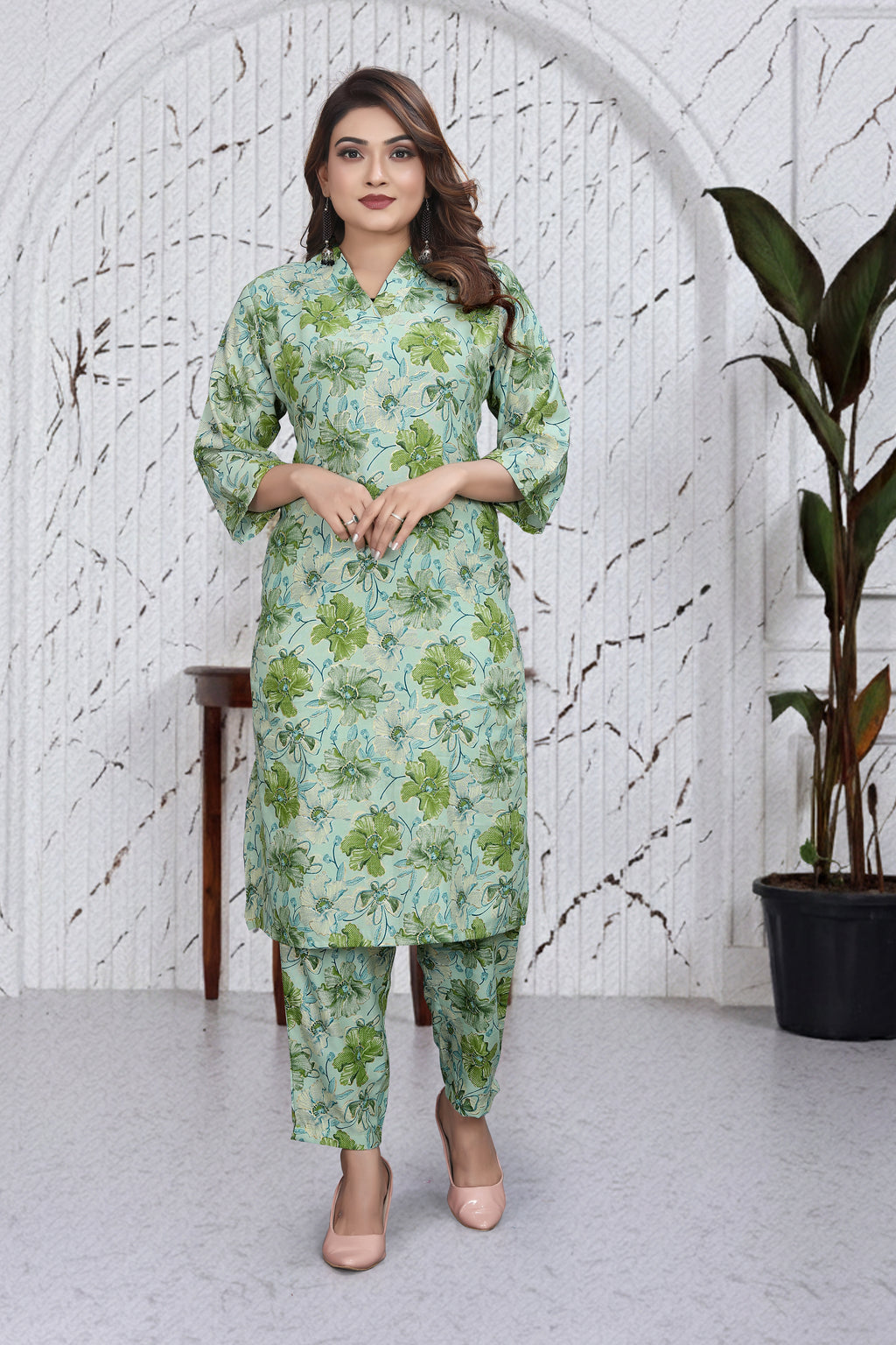 Mint Green Floral Co-Ord Kurti Set