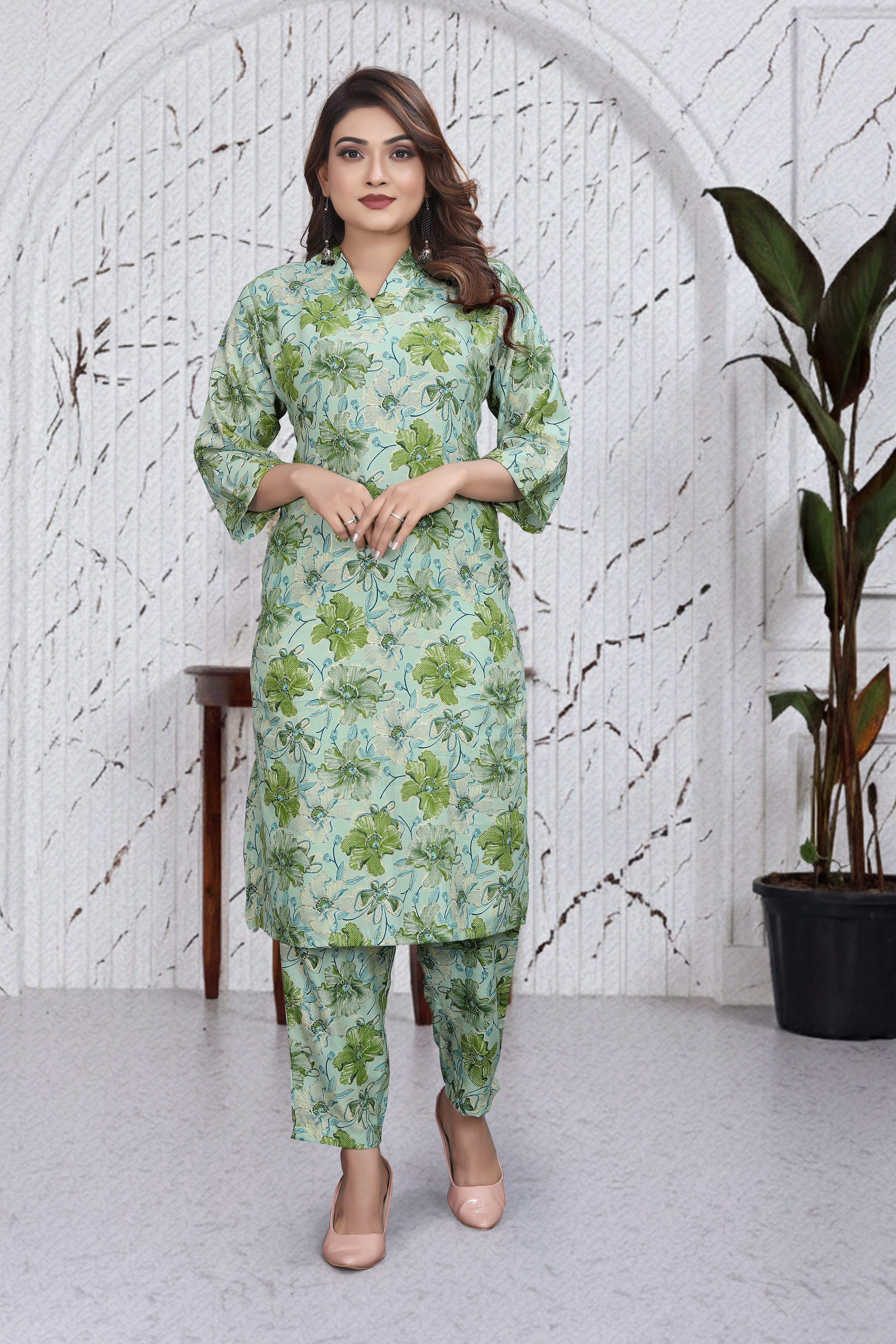 Mint Green Floral Co-Ord Kurti Set