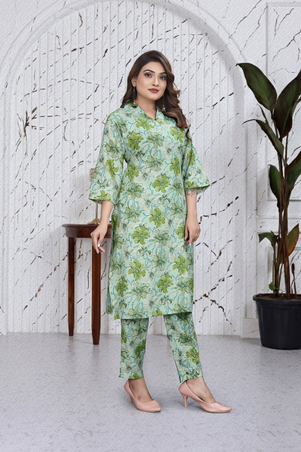 Mint Green Floral Co-Ord Kurti Set