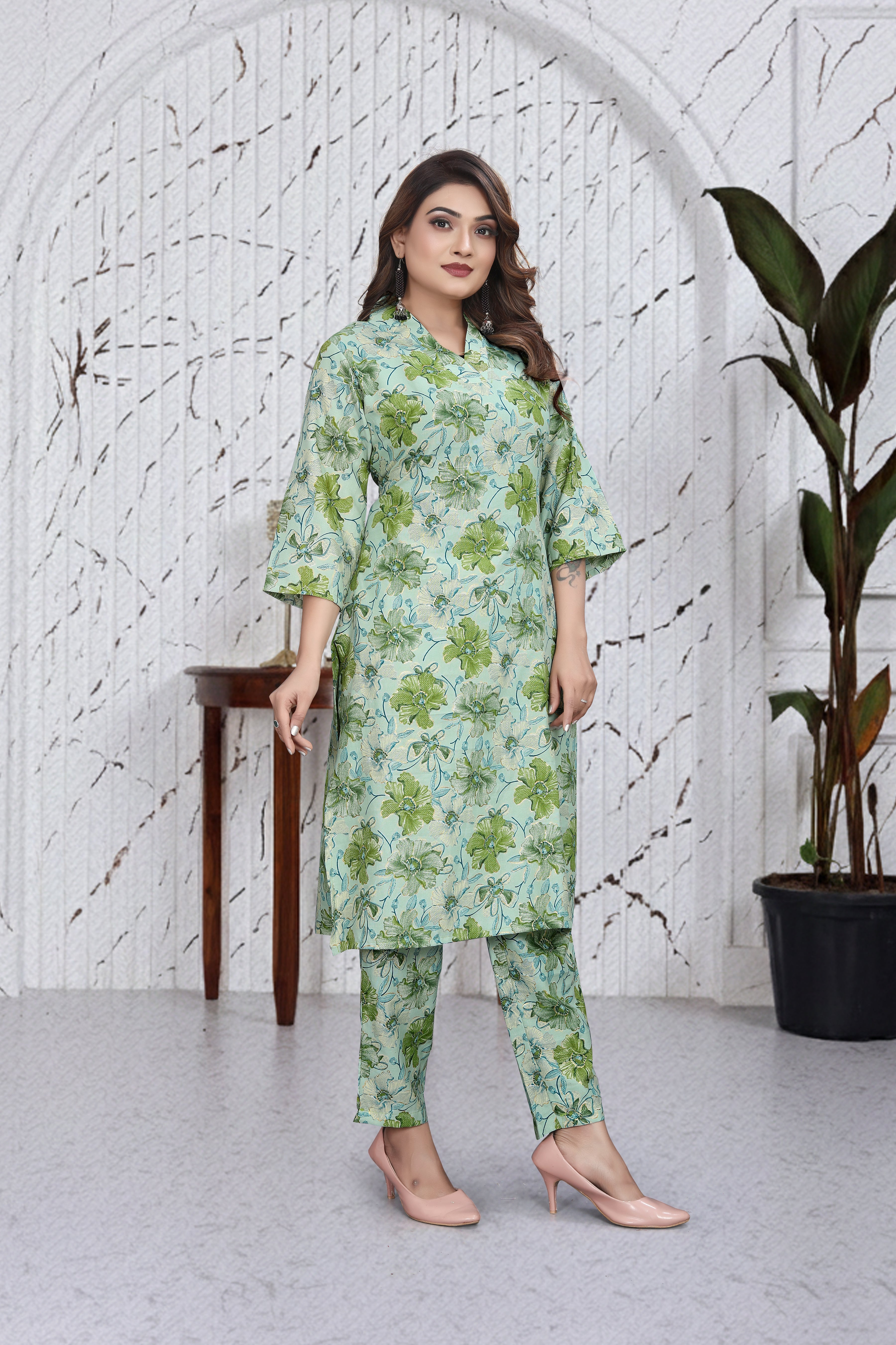 Mint Green Floral Co-Ord Kurti Set