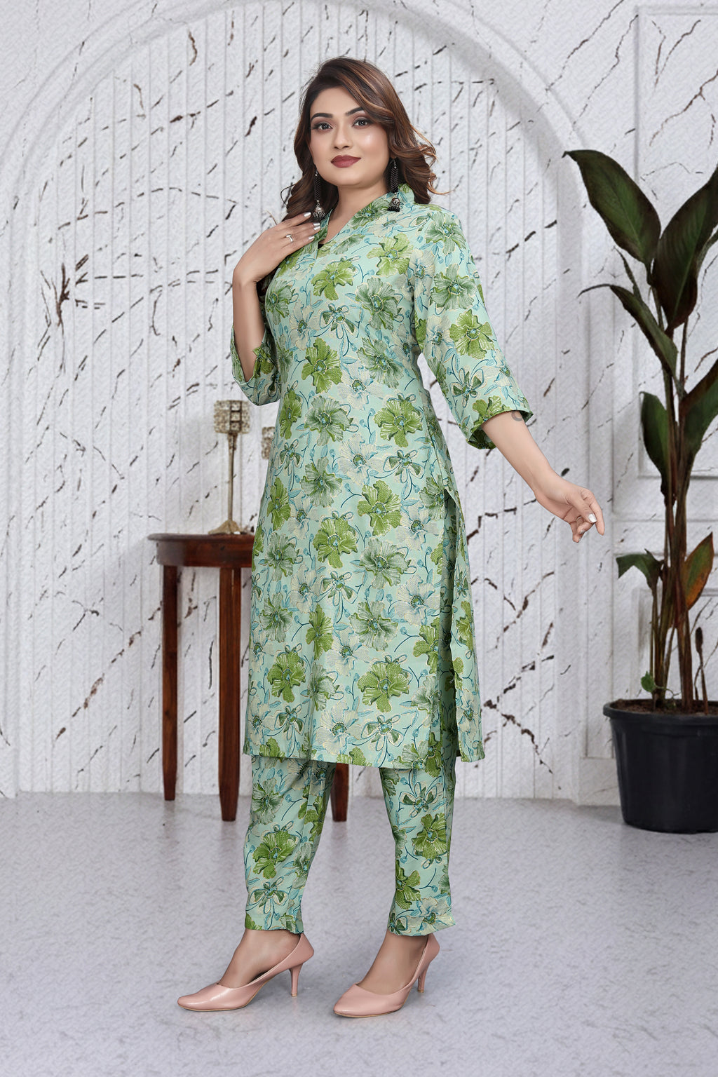 Mint Green Floral Co-Ord Kurti Set