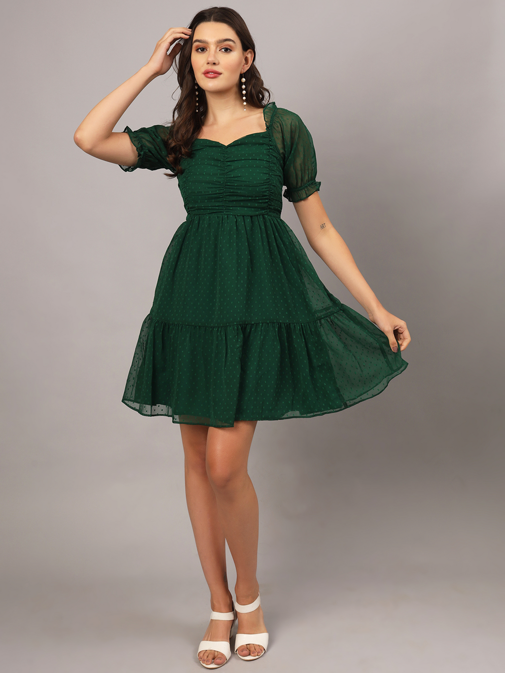 Green 2-Tier Fit & Flare Midi Dress with Puff Sleeve & Pockets