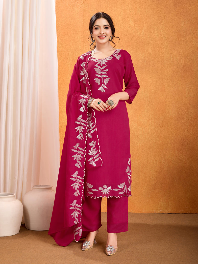 Magenta Embroidery Sequined Cut Work Kurta Pant Dupatta Set for Women – Elegant & Glamorous