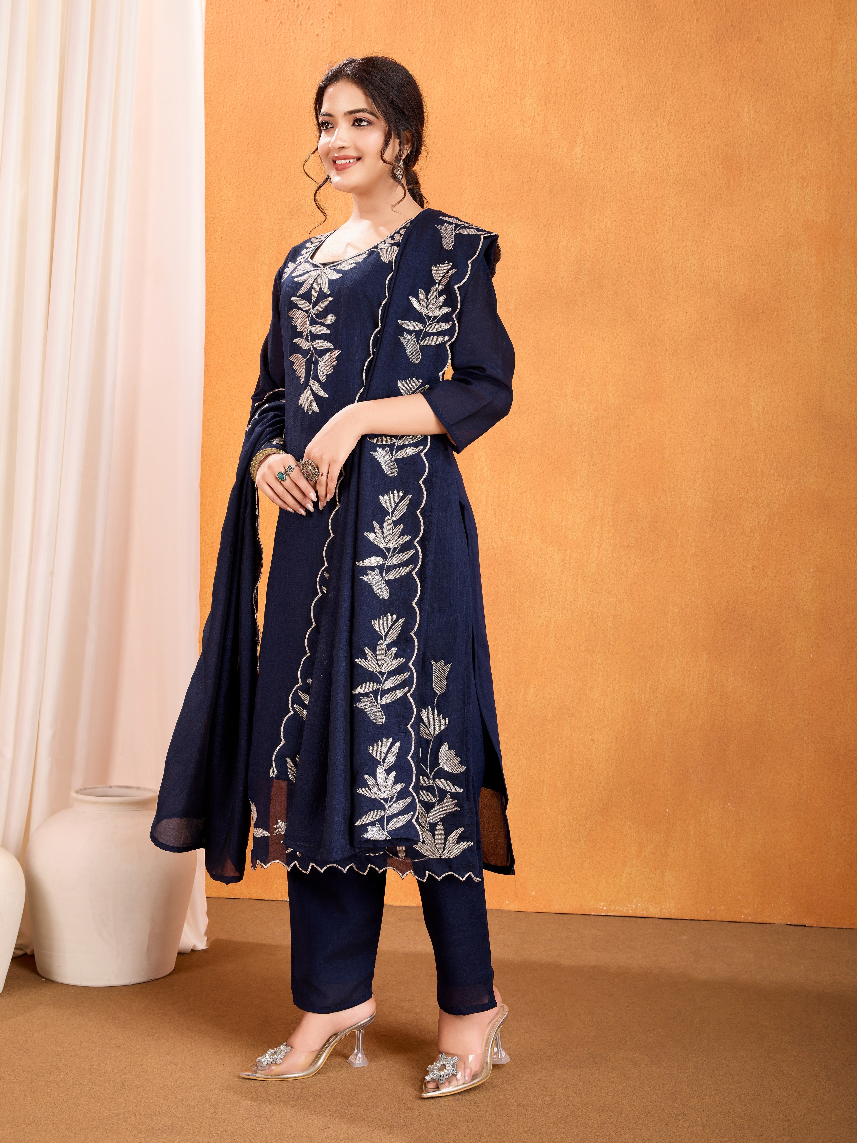Navy Blue Embroidery Sequined Cut Work Kurta Pant Dupatta Set for Women – Elegant & Glamorous