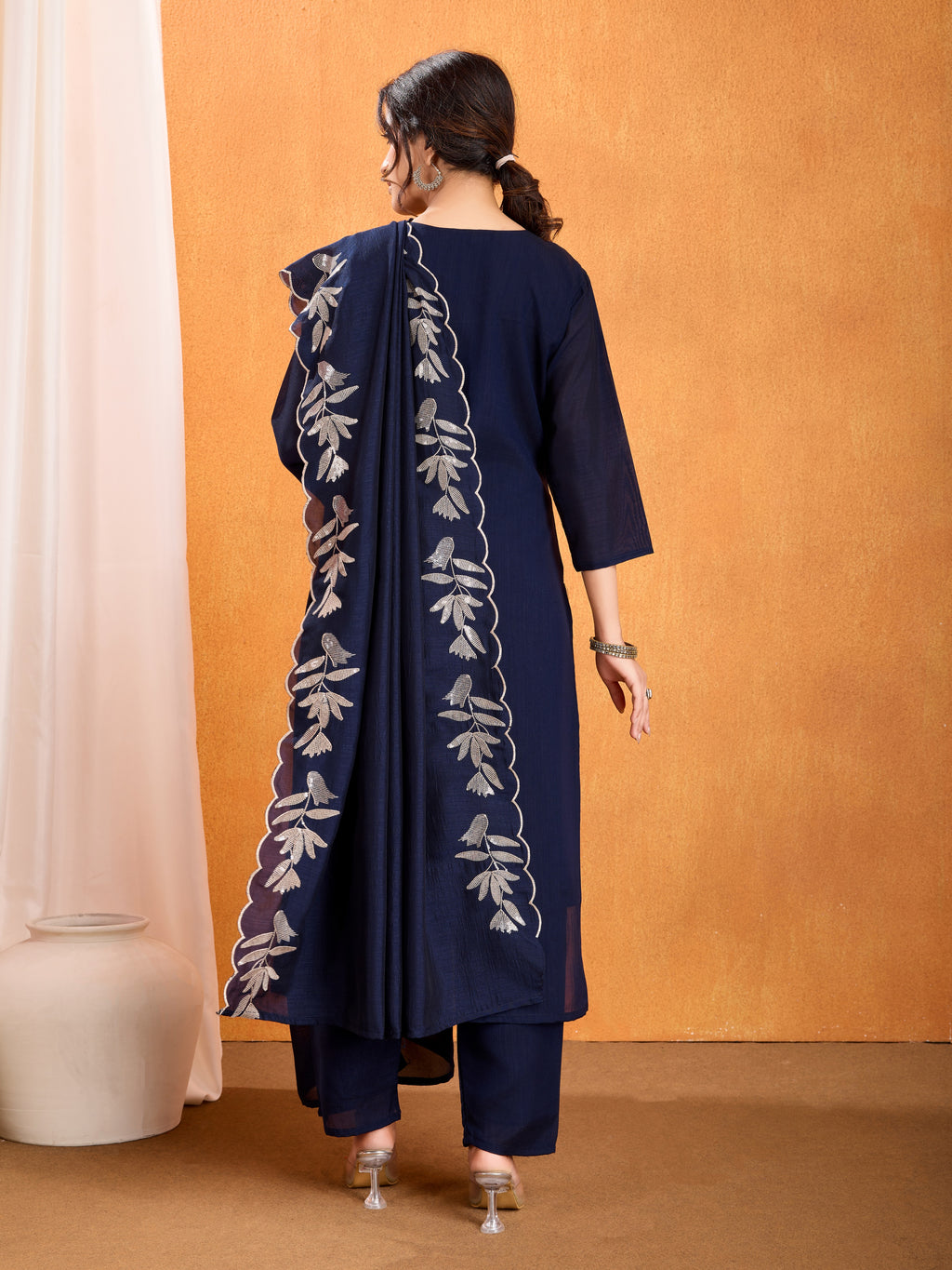 Navy Blue Embroidery Sequined Cut Work Kurta Pant Dupatta Set for Women – Elegant & Glamorous