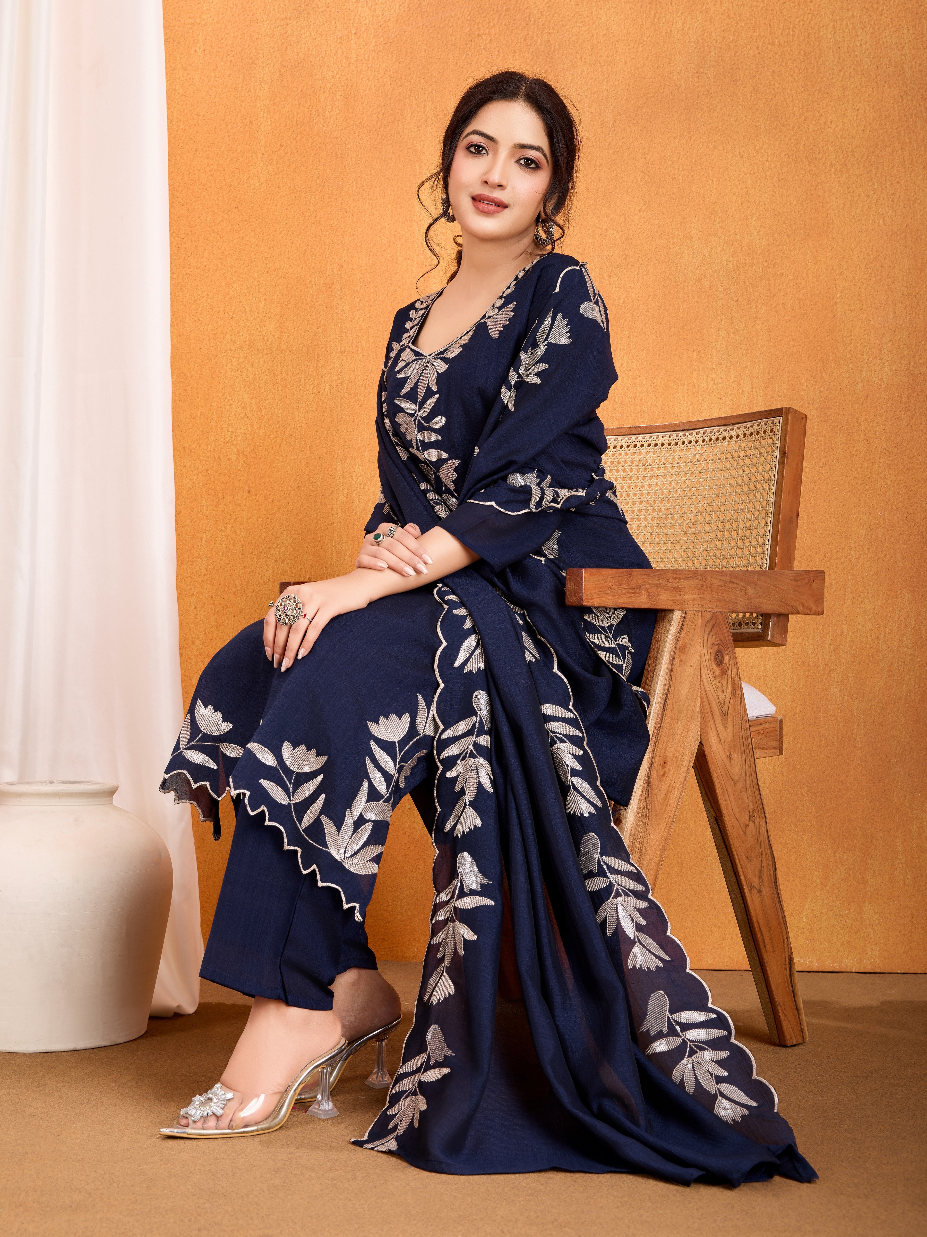 Navy Blue Embroidery Sequined Cut Work Kurta Pant Dupatta Set for Women – Elegant & Glamorous