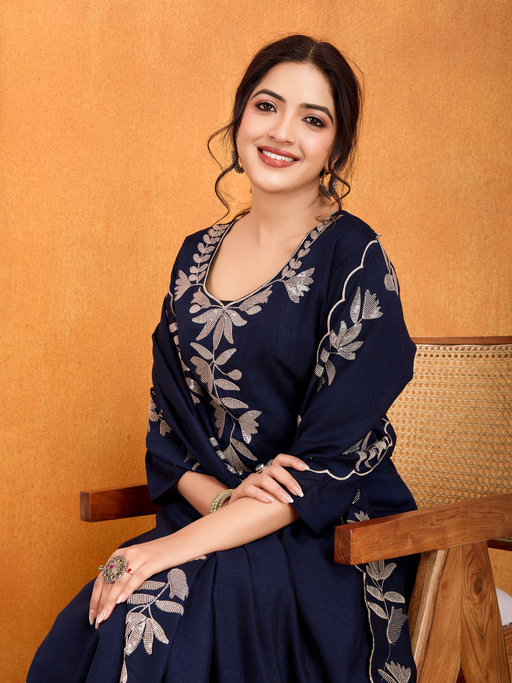 Navy Blue Embroidery Sequined Cut Work Kurta Pant Dupatta Set for Women – Elegant & Glamorous