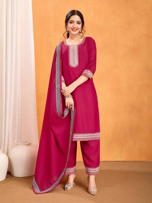 Magenta Embroidery Work Kurta Pant Dupatta Set in Vichitra Silk Fabric | Elegant & Traditional